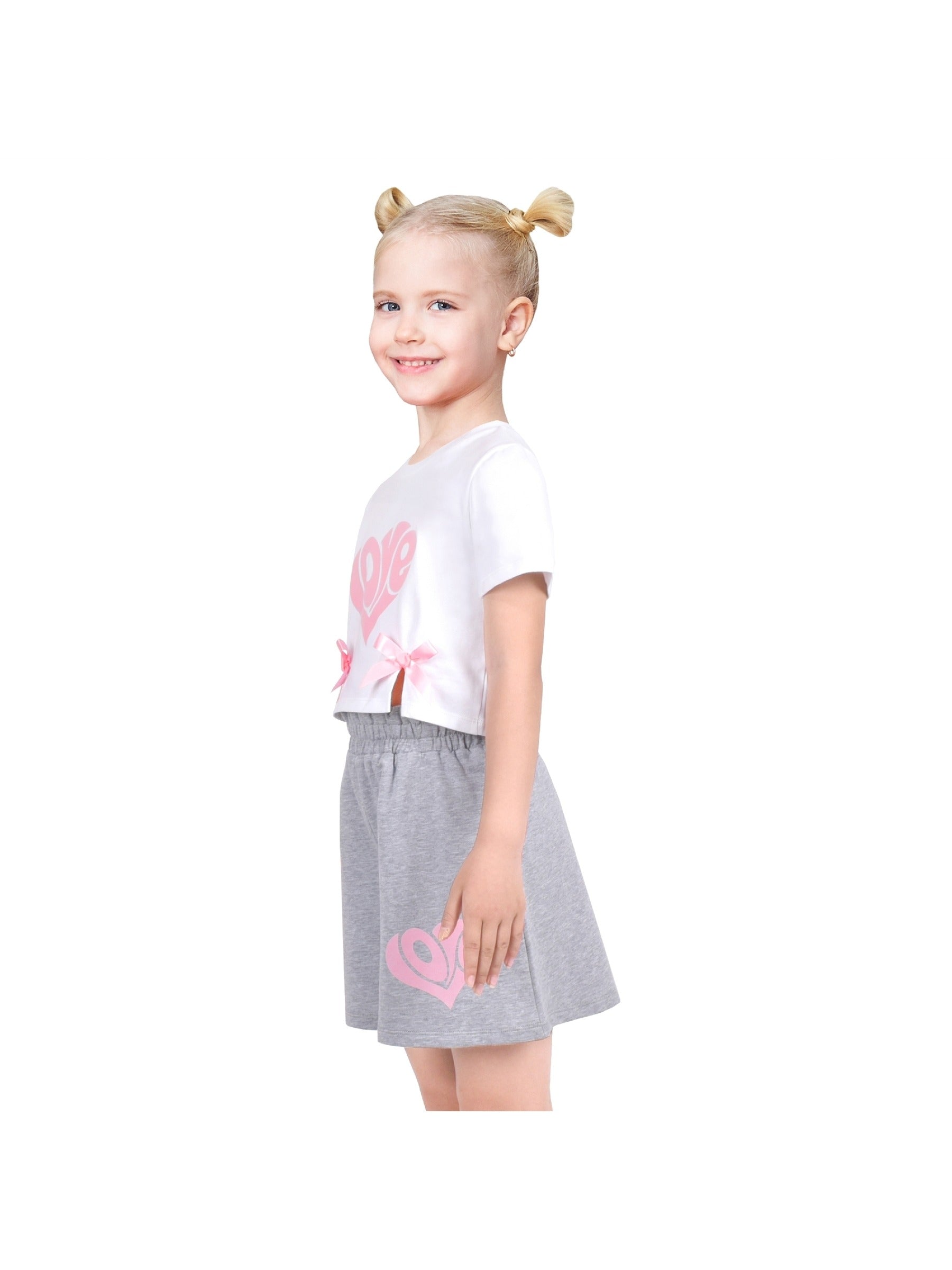 Girls Tee Sport Clothing Outfit Set Glitter Heart s Short Sleeve Gray