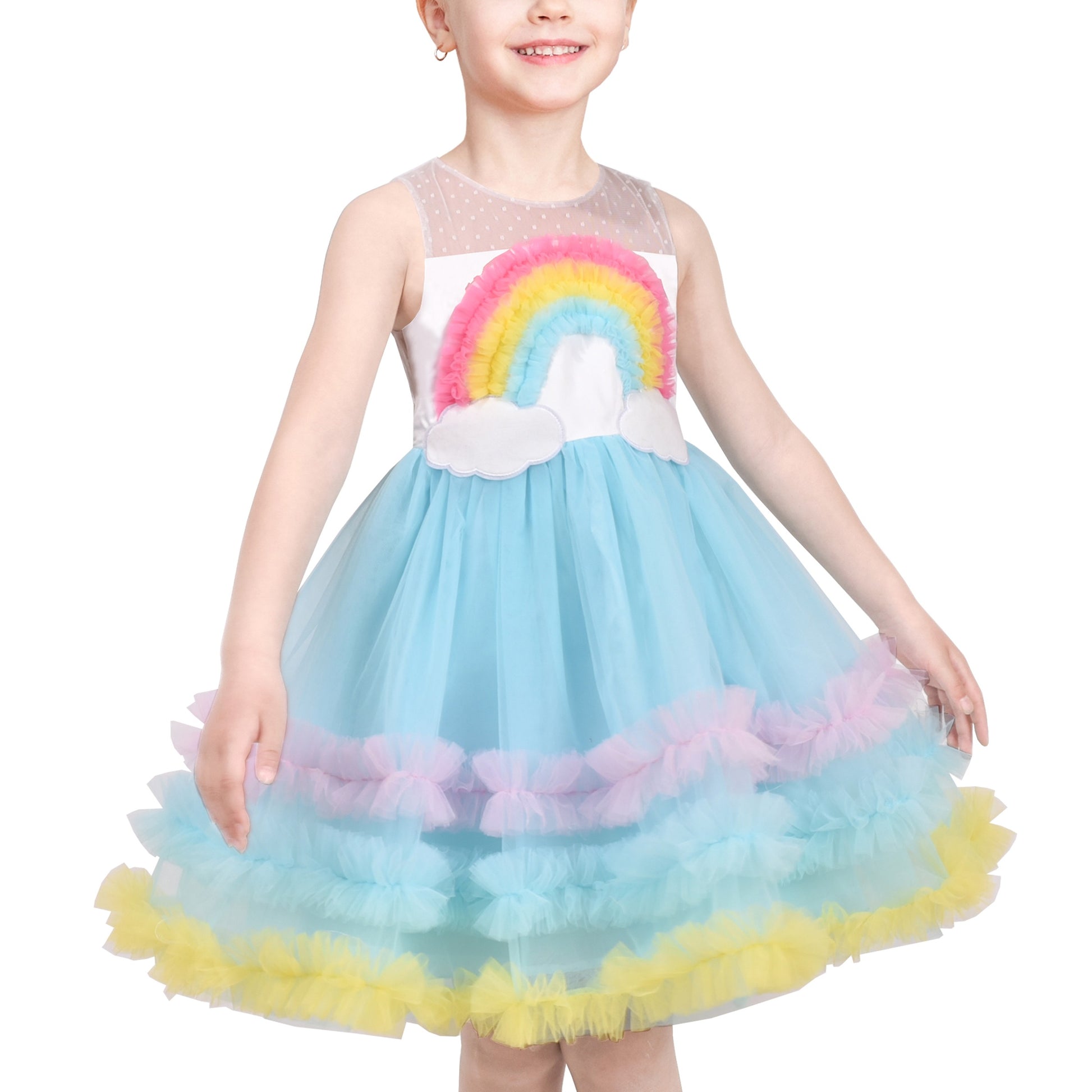 Flower Girls Dress White Wedding Pageant Bridesmaid Gown Blue