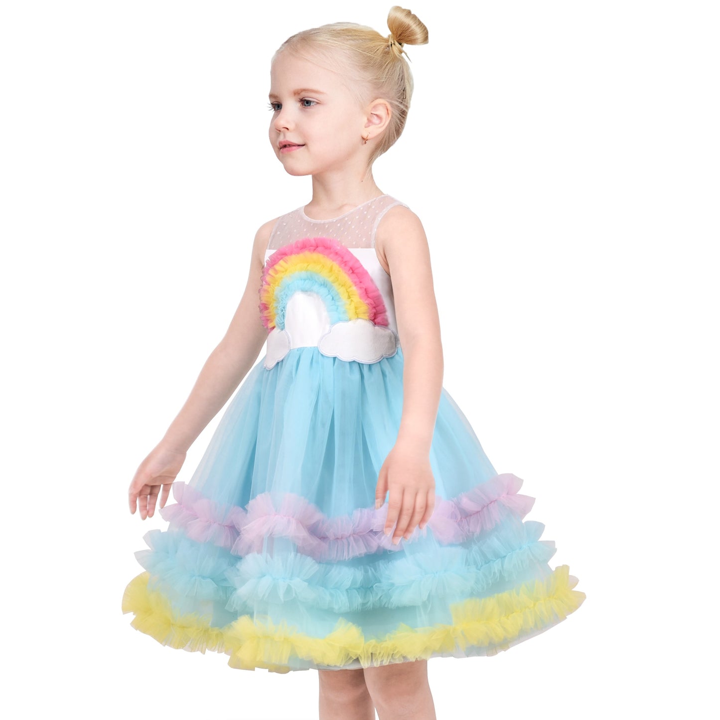 Flower Girls Dress White Wedding Pageant Bridesmaid Gown Blue