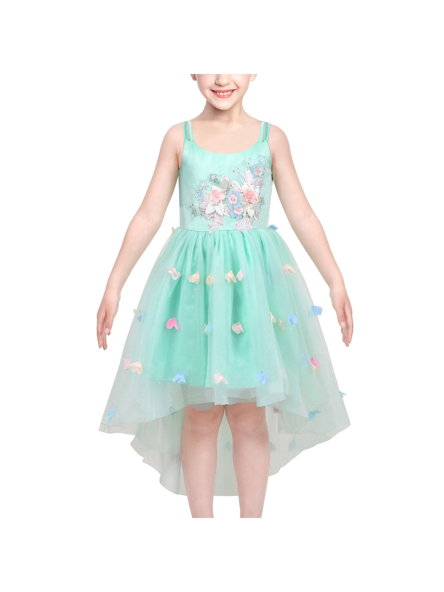 Flower Girls Dress Green Embroidery Hi-lo Wedding Bridesmaid Pageant Green