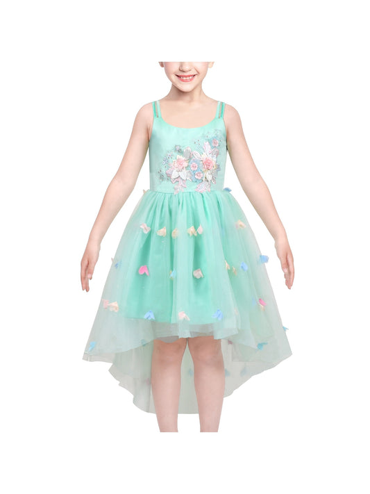 Flower Girls Dress Green Embroidery Hi-lo Wedding Bridesmaid Pageant Green