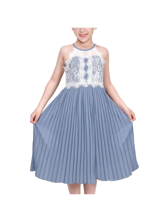 Girls Dress Coffee Halter Princess Lace Pleated Party Wedding Pageant Blue