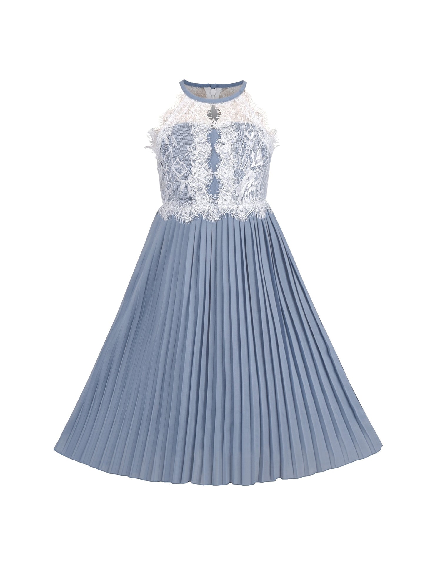 Girls Dress Coffee Halter Princess Lace Pleated Party Wedding Pageant Blue