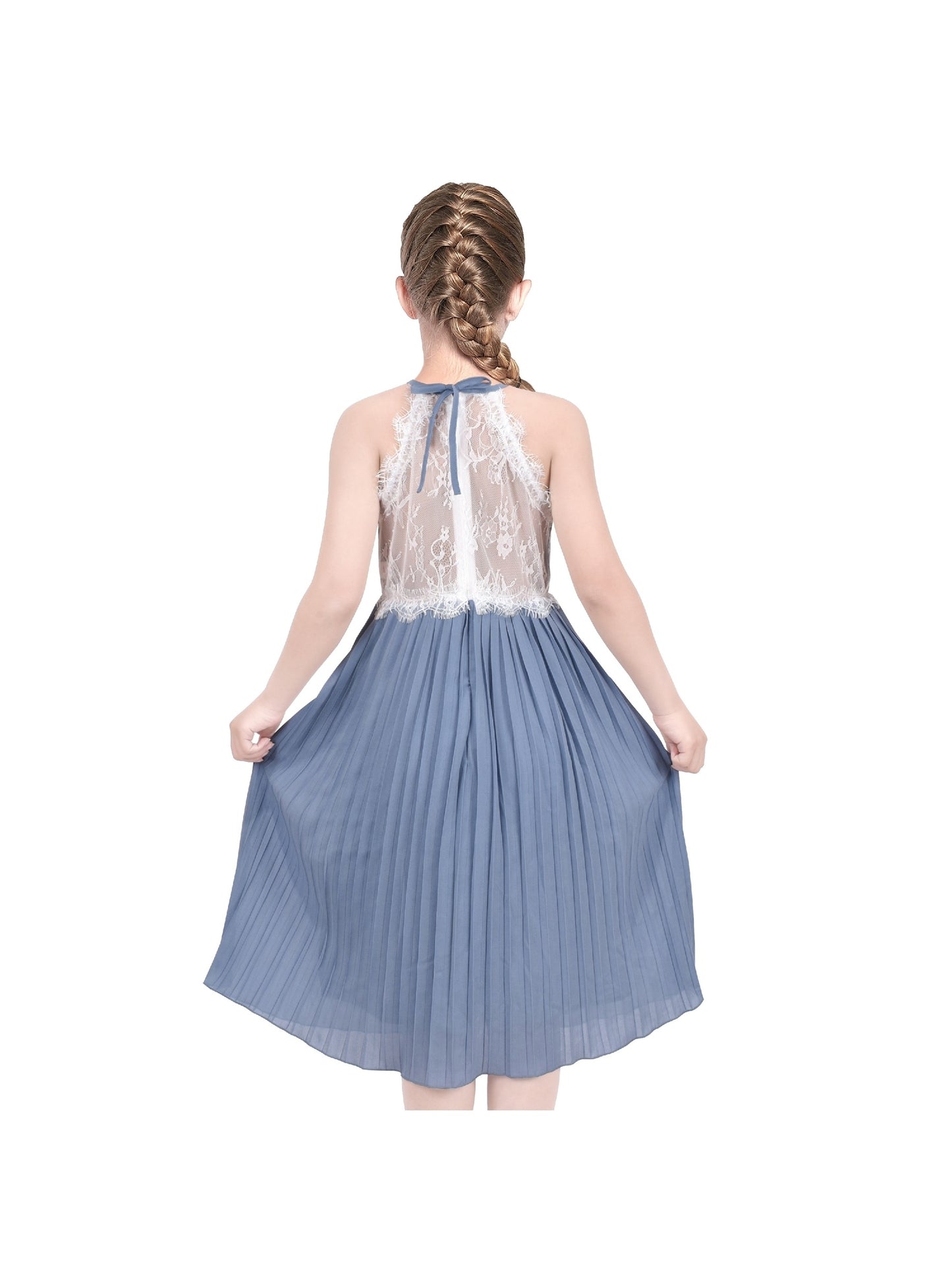 Girls Dress Coffee Halter Princess Lace Pleated Party Wedding Pageant Blue