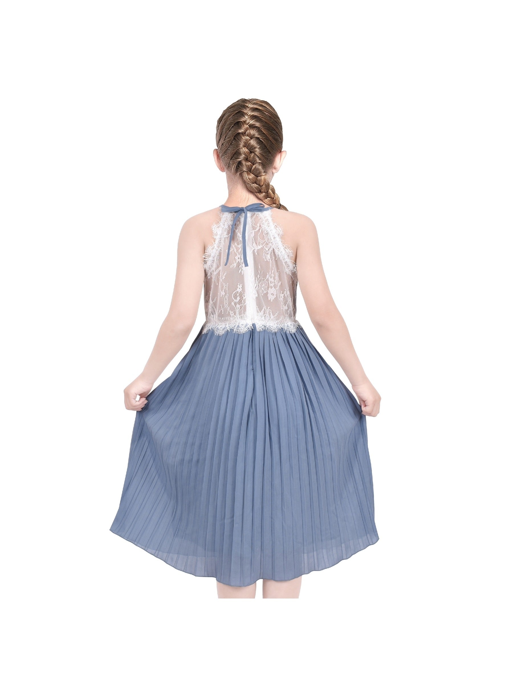 Girls Dress Coffee Halter Princess Lace Pleated Party Wedding Pageant Blue