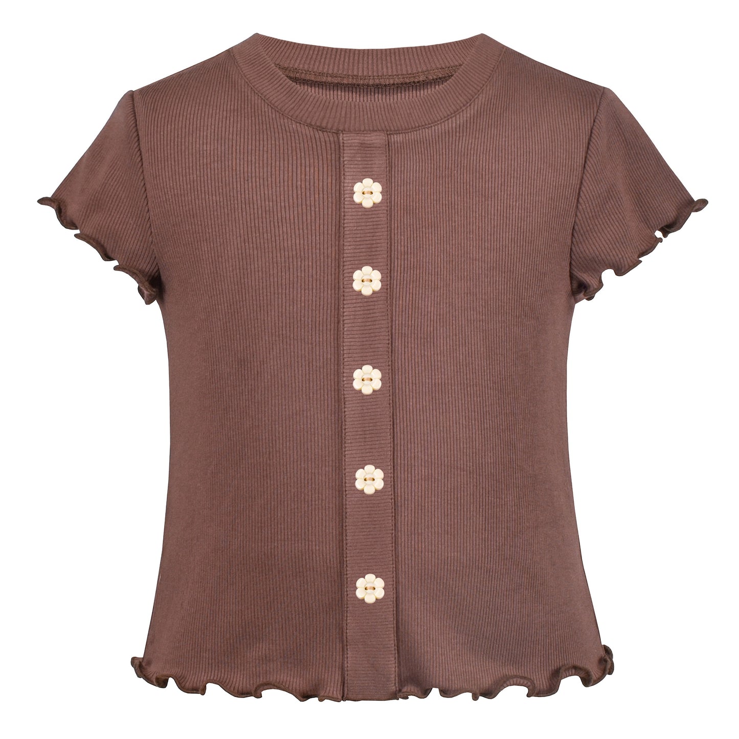 Girls T-shirt Crop Top Pink Lettuce Trim Ribbed Knit Crewneck Daily Brown
