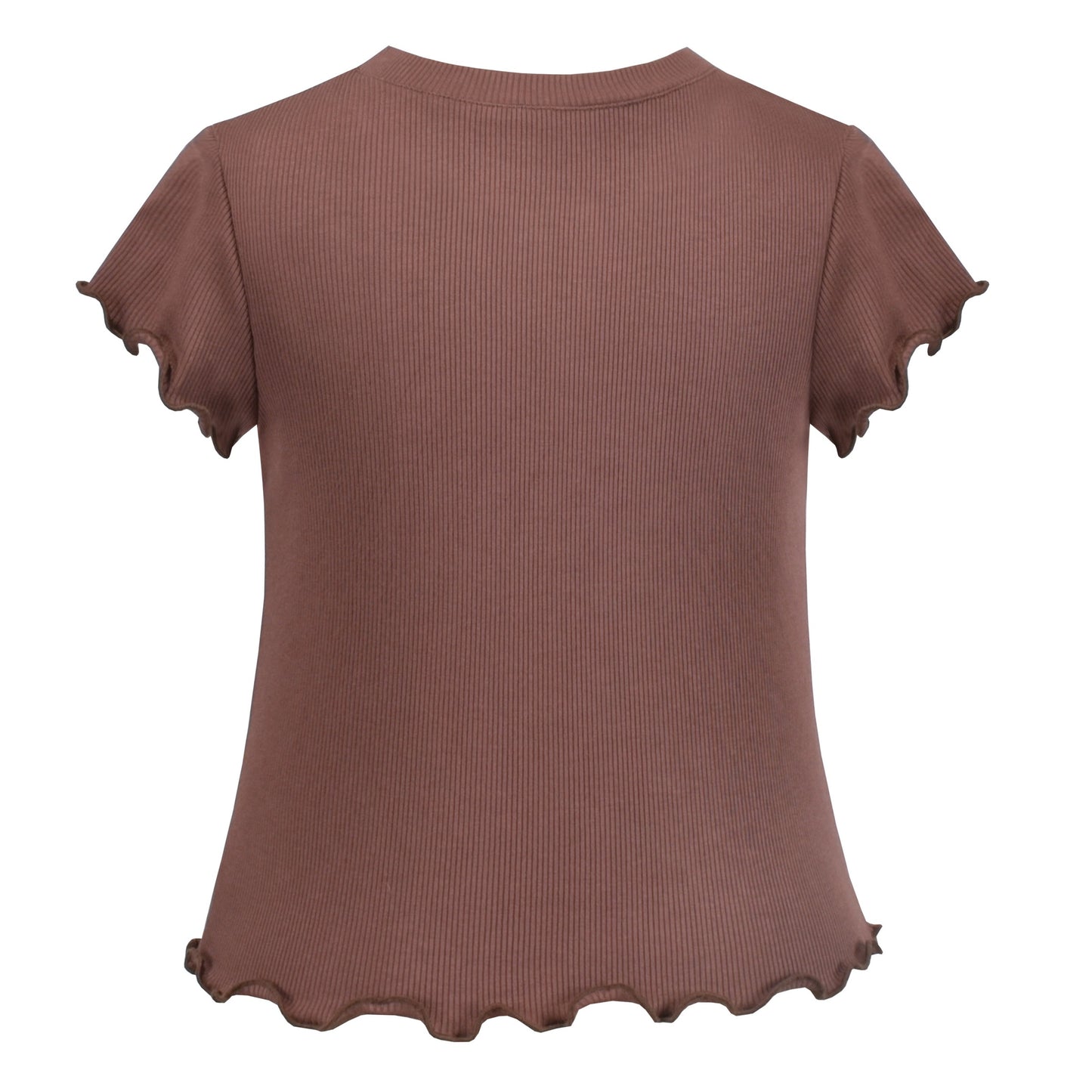 Girls T-shirt Crop Top Pink Lettuce Trim Ribbed Knit Crewneck Daily Brown