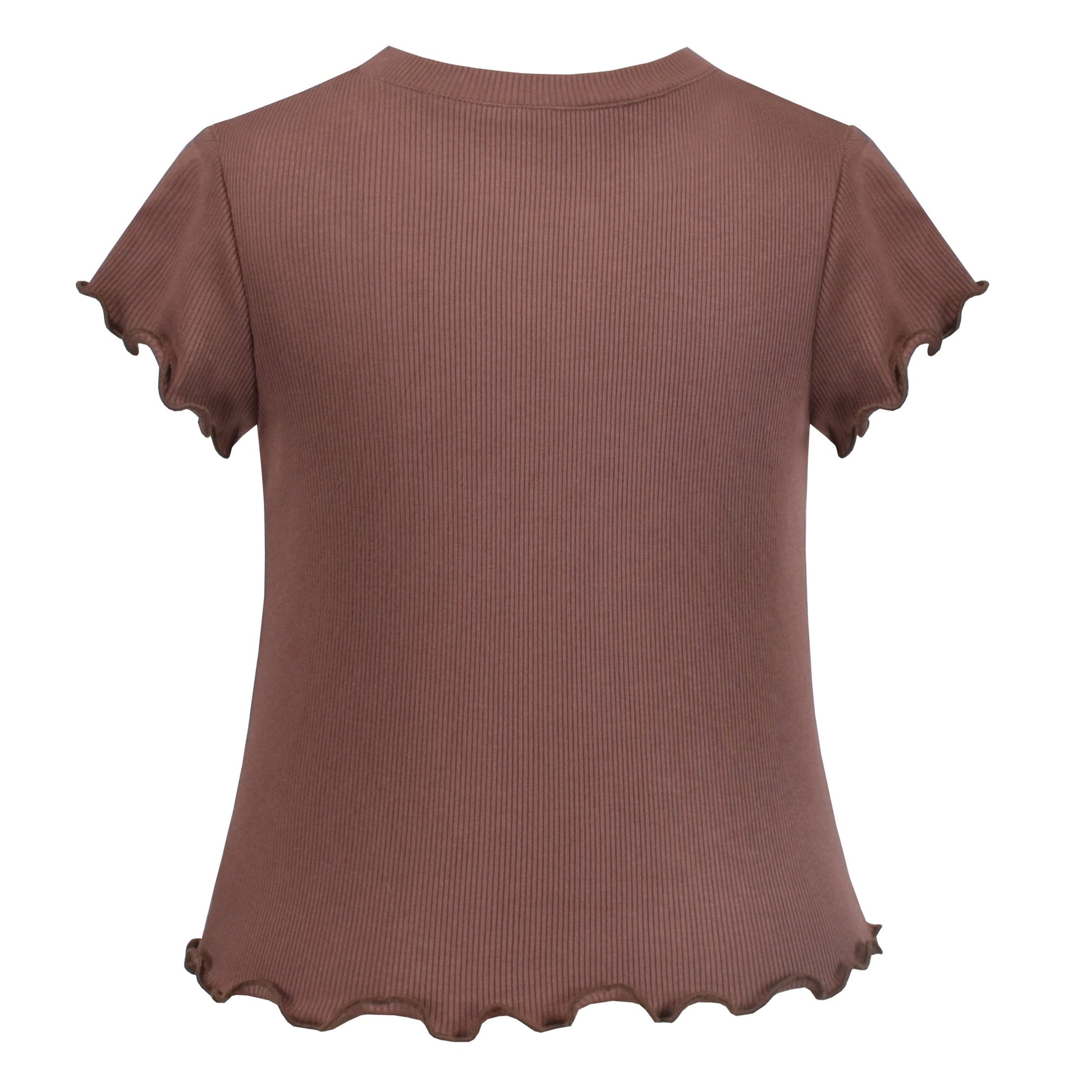 Girls T-shirt Crop Top Pink Lettuce Trim Ribbed Knit Crewneck Daily Brown