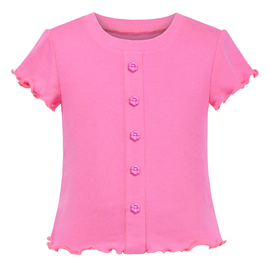 Girls T-shirt Crop Top Pink Lettuce Trim Ribbed Knit Crewneck Daily Pink
