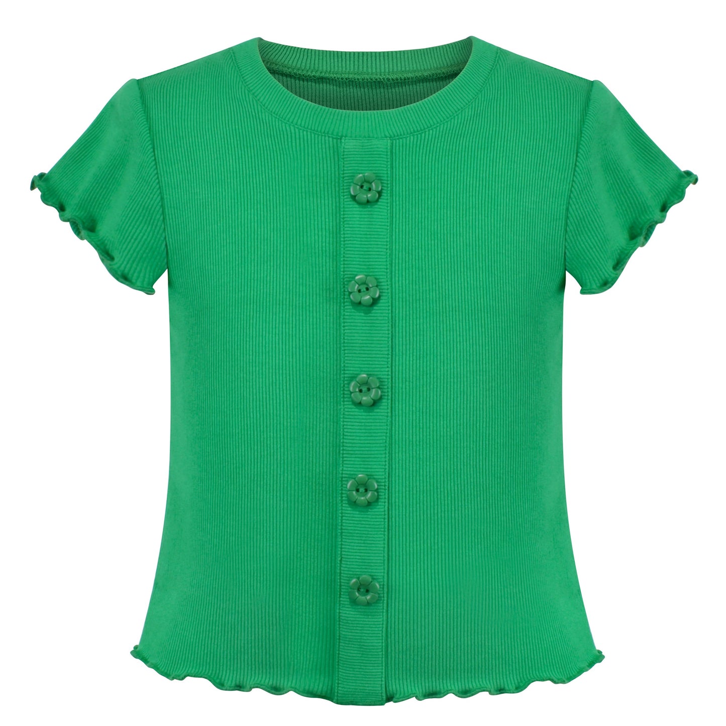 Girls T-shirt Crop Top Pink Lettuce Trim Ribbed Knit Crewneck Daily Green