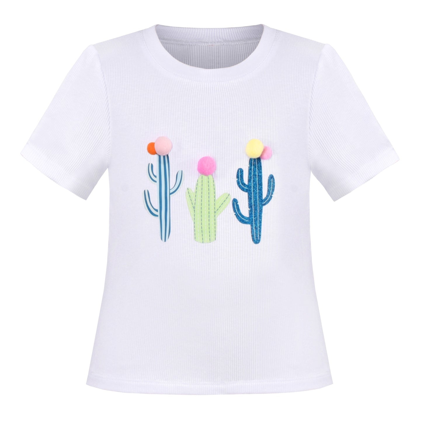 Girls T-shirt Crop Top Pink Lettuce Trim Ribbed Knit Crewneck Daily White