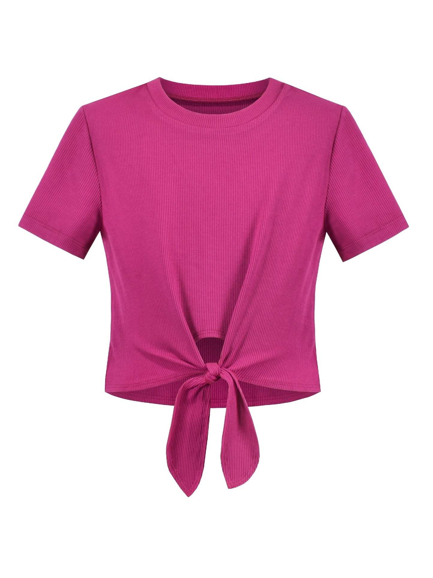 Girls T-shirt Crop Top Pink Lettuce Trim Ribbed Knit Crewneck Daily Purple