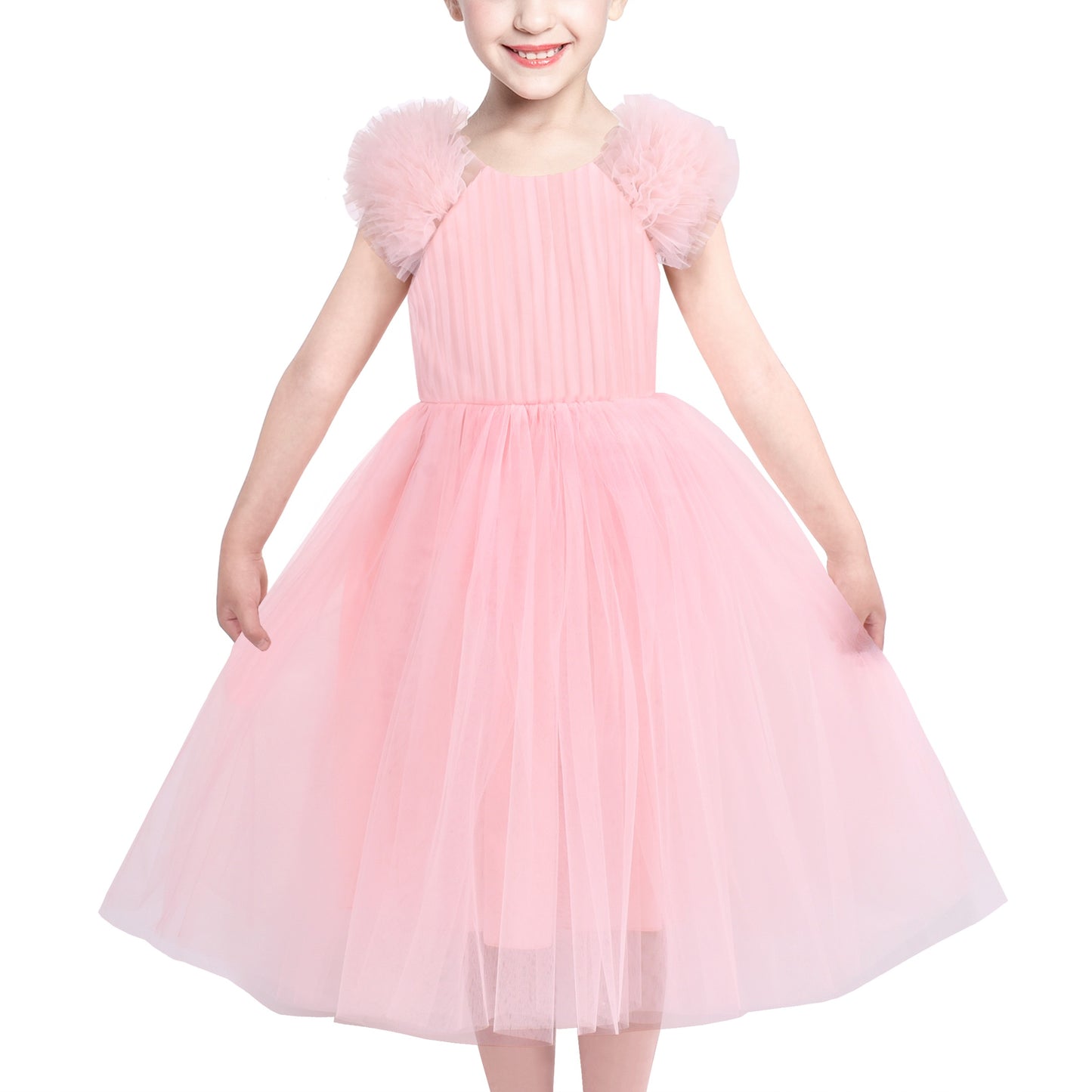 Girls Dress Pink Ruffle Tulle Birthday Party Elegant Formal Bridesmaid Pink
