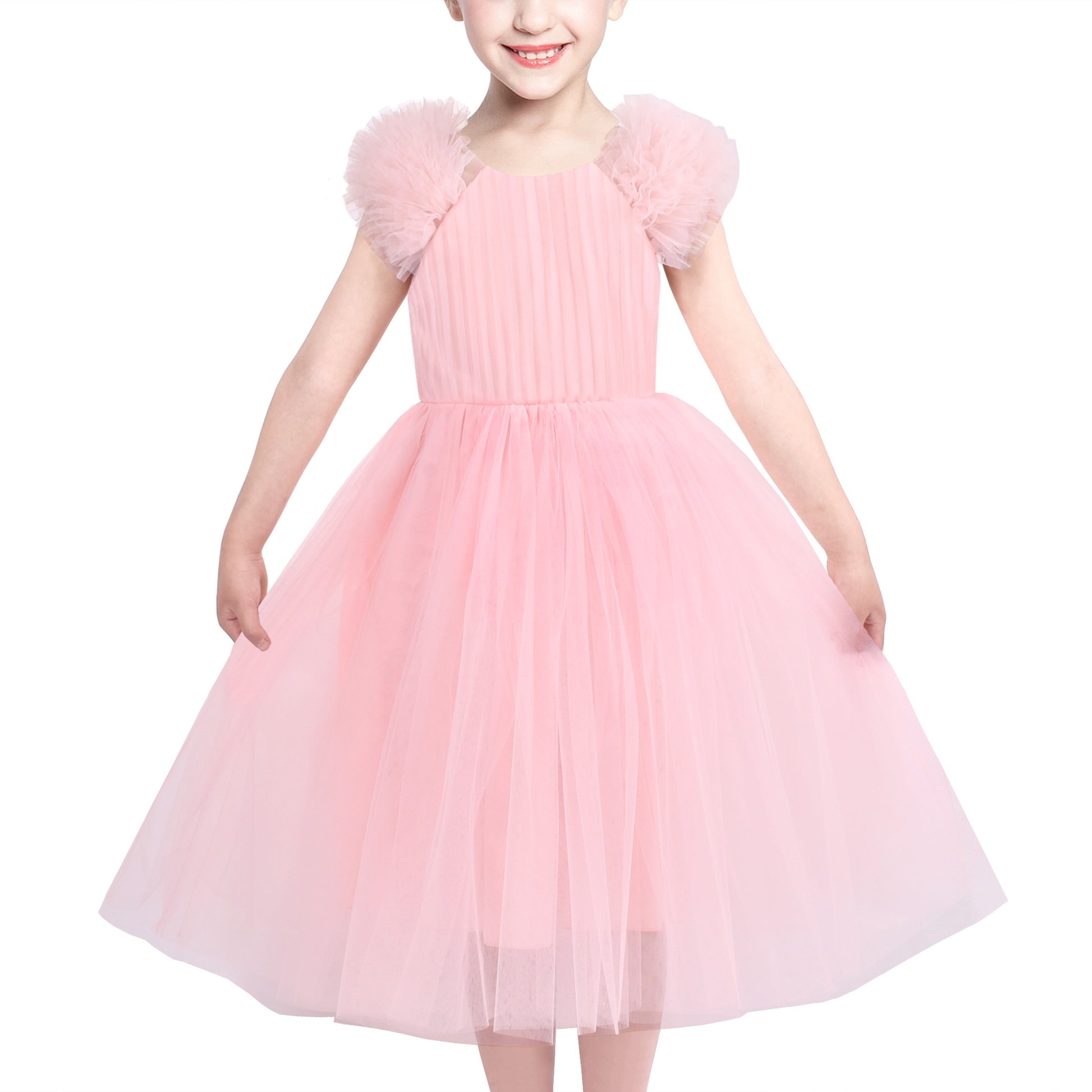 Girls Dress Pink Ruffle Tulle Birthday Party Elegant Formal Bridesmaid Pink