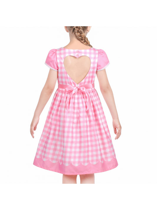 Girls Dress Floral Rose Collar Puff Sleeve Casual Summer Party Pink