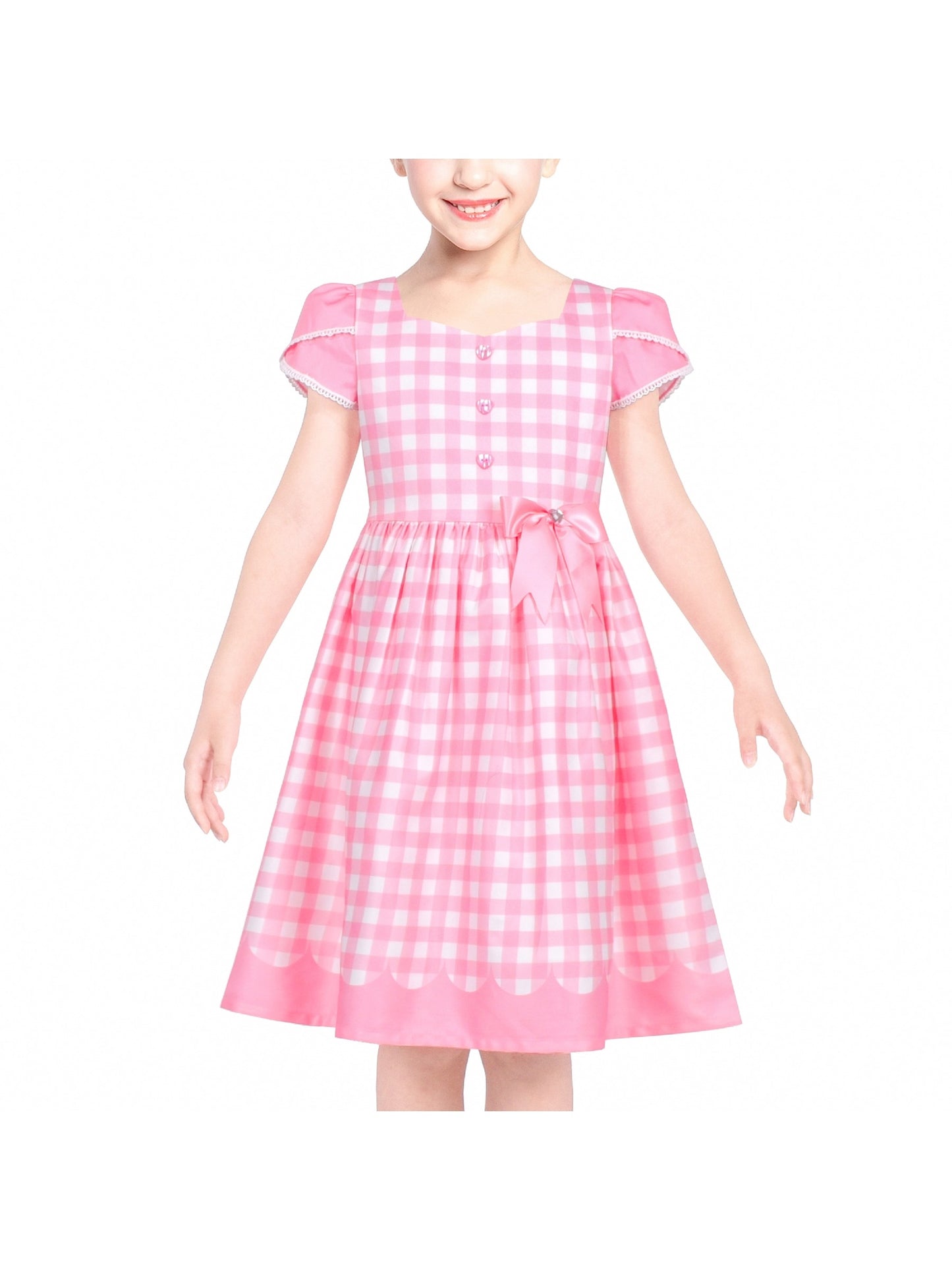 Girls Dress Floral Rose Collar Puff Sleeve Casual Summer Party Pink