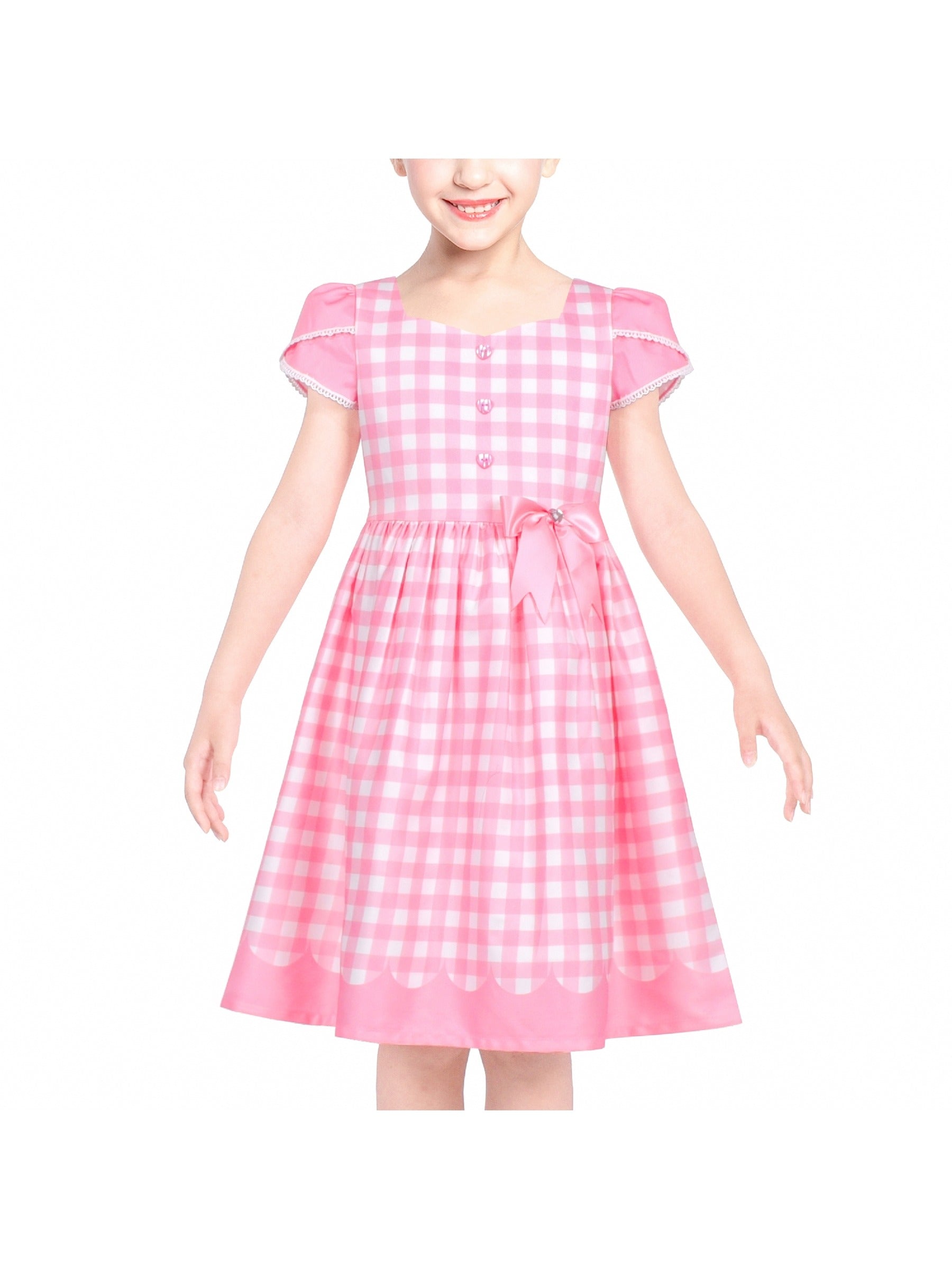Girls Dress Floral Rose Collar Puff Sleeve Casual Summer Party Pink