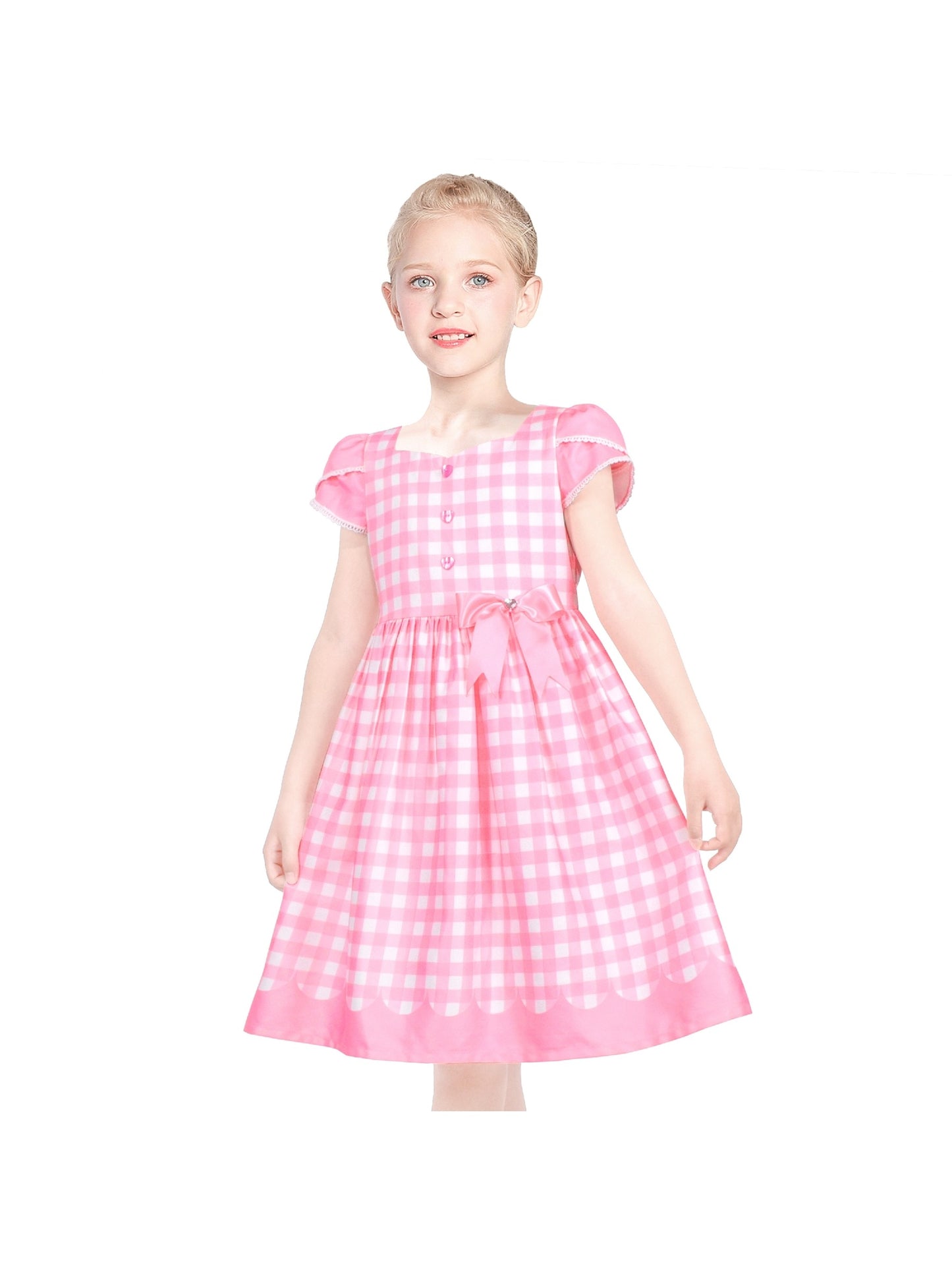 Girls Dress Floral Rose Collar Puff Sleeve Casual Summer Party Pink