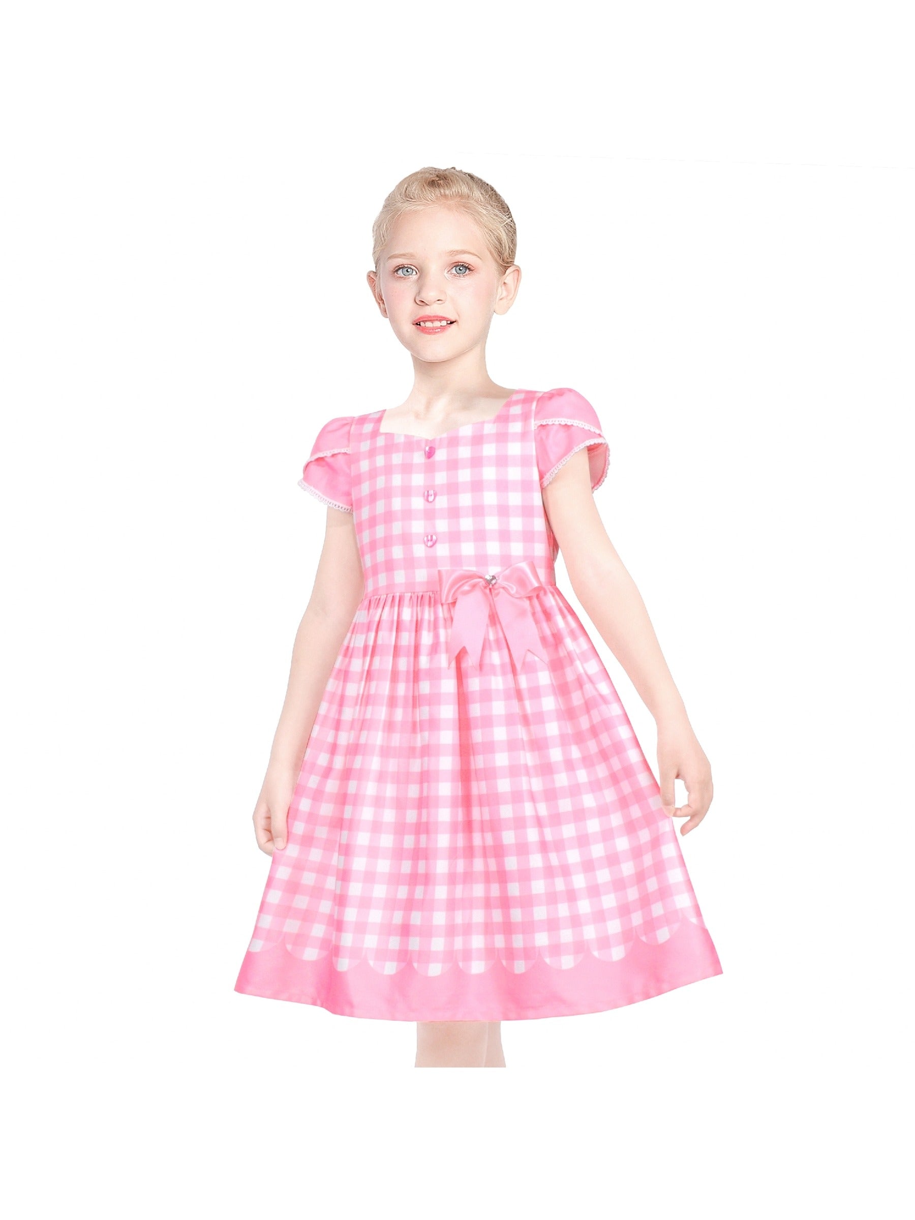 Girls Dress Floral Rose Collar Puff Sleeve Casual Summer Party Pink
