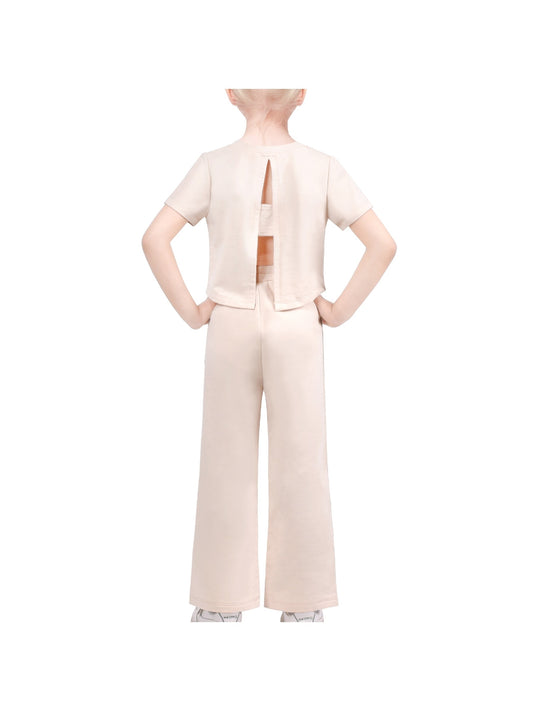 Girls 2 Piece Set Crop Top Straight Leg Pants Rib-Knit Casual Wear Beige