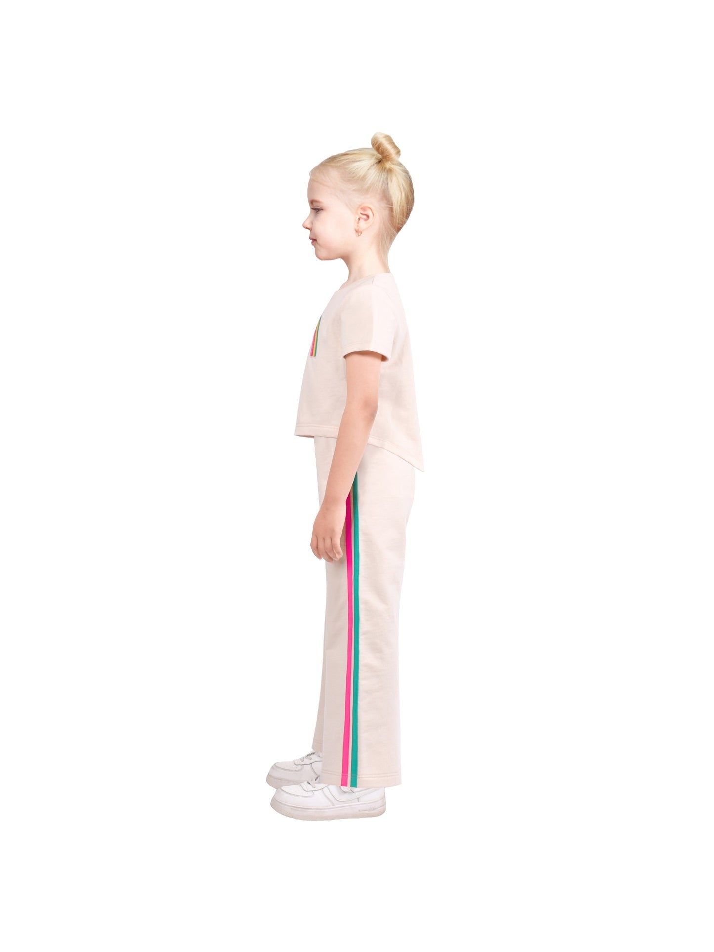 Girls 2 Piece Set Crop Top Straight Leg Pants Rib-Knit Casual Wear Beige