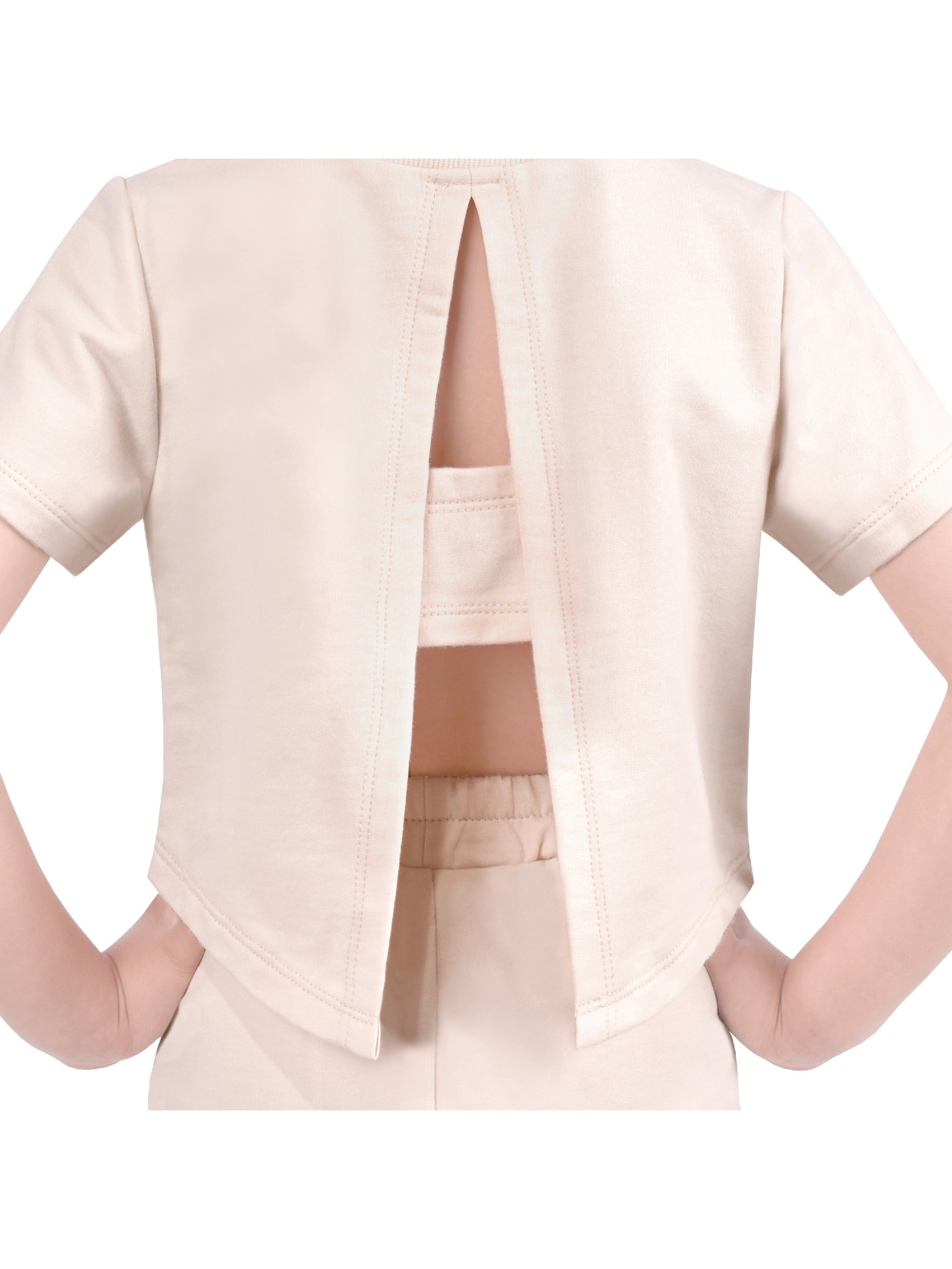Girls 2 Piece Set Crop Top Straight Leg Pants Rib-Knit Casual Wear Beige