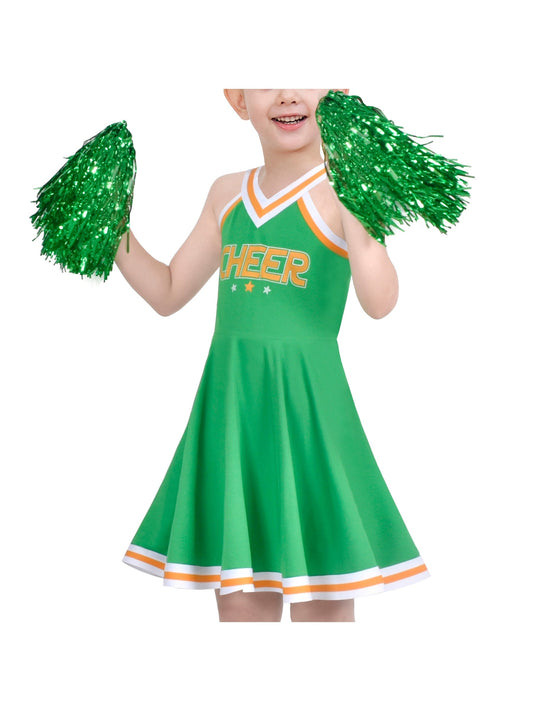 Girls Dress Green Cheerleader Uniform Outfit Pom Party Celebration Green