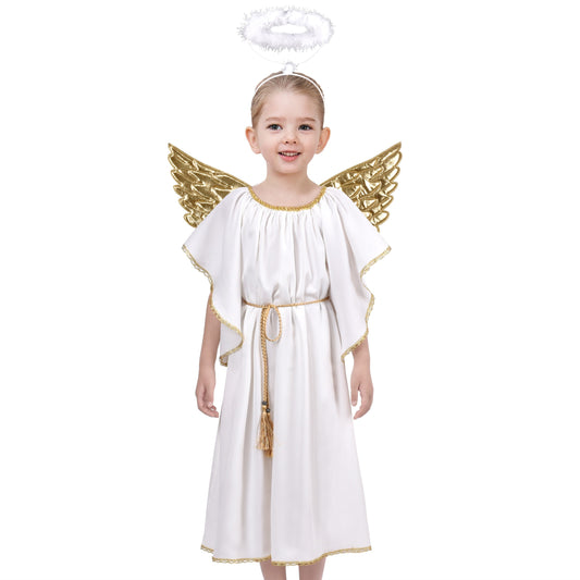 Girls Dress 4 Pieces Angel Headband Wing Halo Tassel Halloween Party White