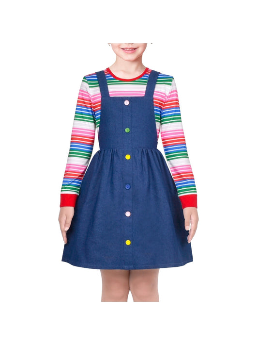 Girls Outfit Set 2 Piece Blue Suspender Denim Button Striped Tee Blue