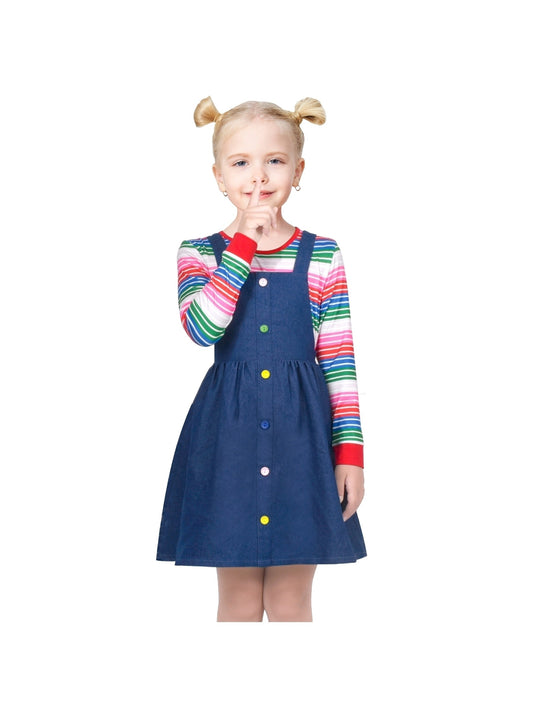 Girls Outfit Set 2 Piece Blue Suspender Denim Button Striped Tee Blue