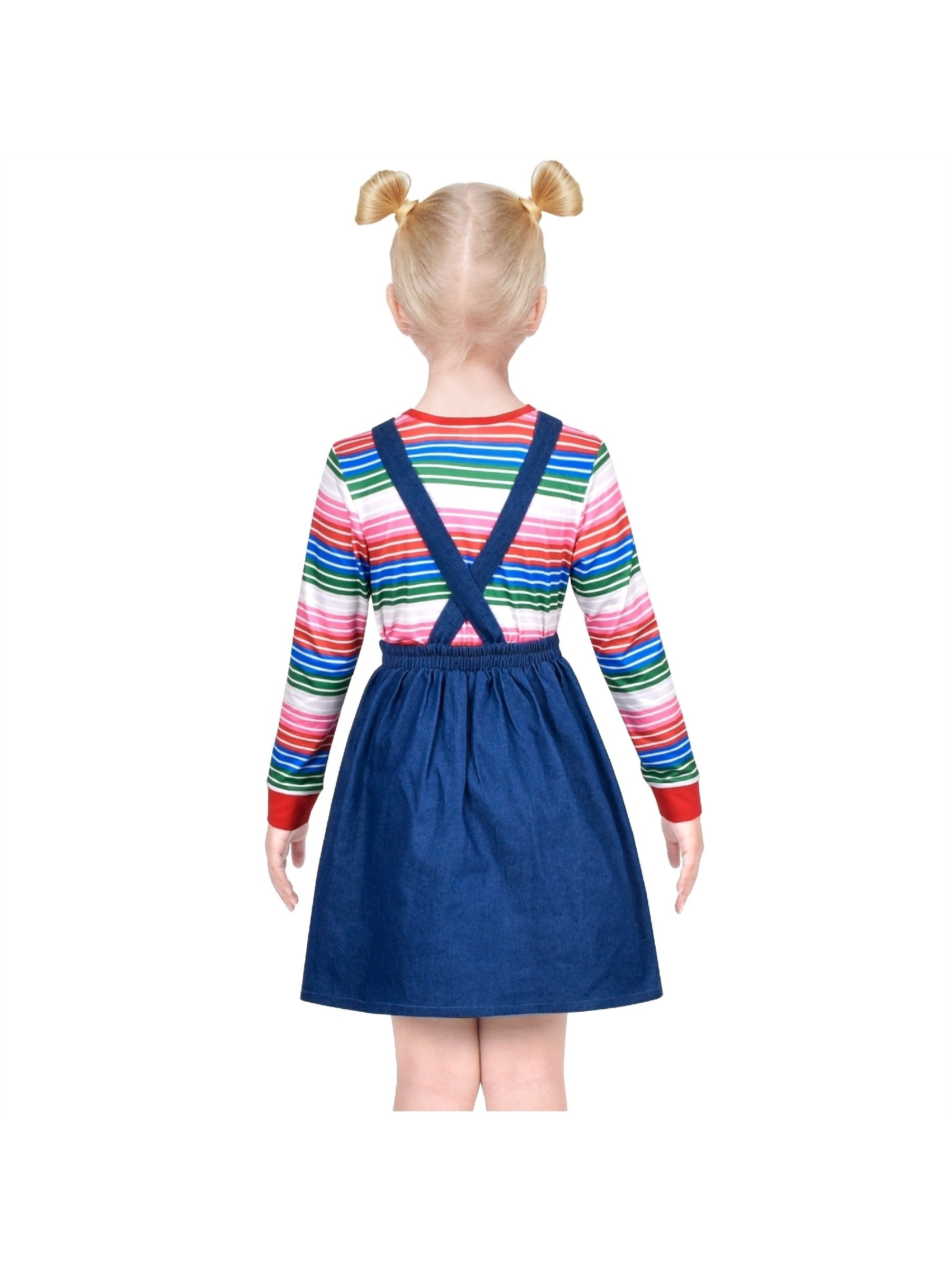 Girls Outfit Set 2 Piece Blue Suspender Denim Button Striped Tee Blue