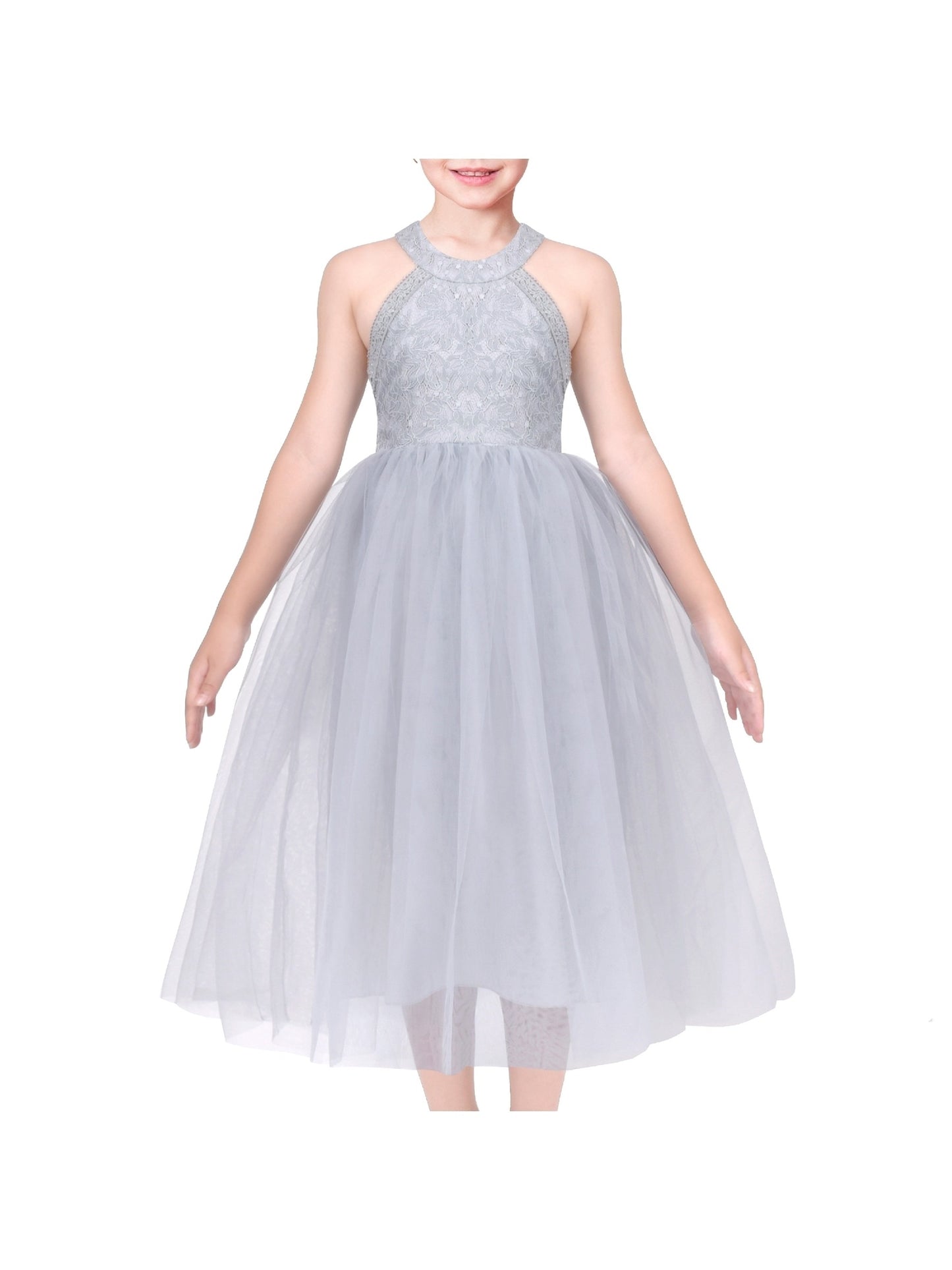 Girls Dress Pink Flower Lace Halter Princess Wedding Bridesmaid Tulle Gray