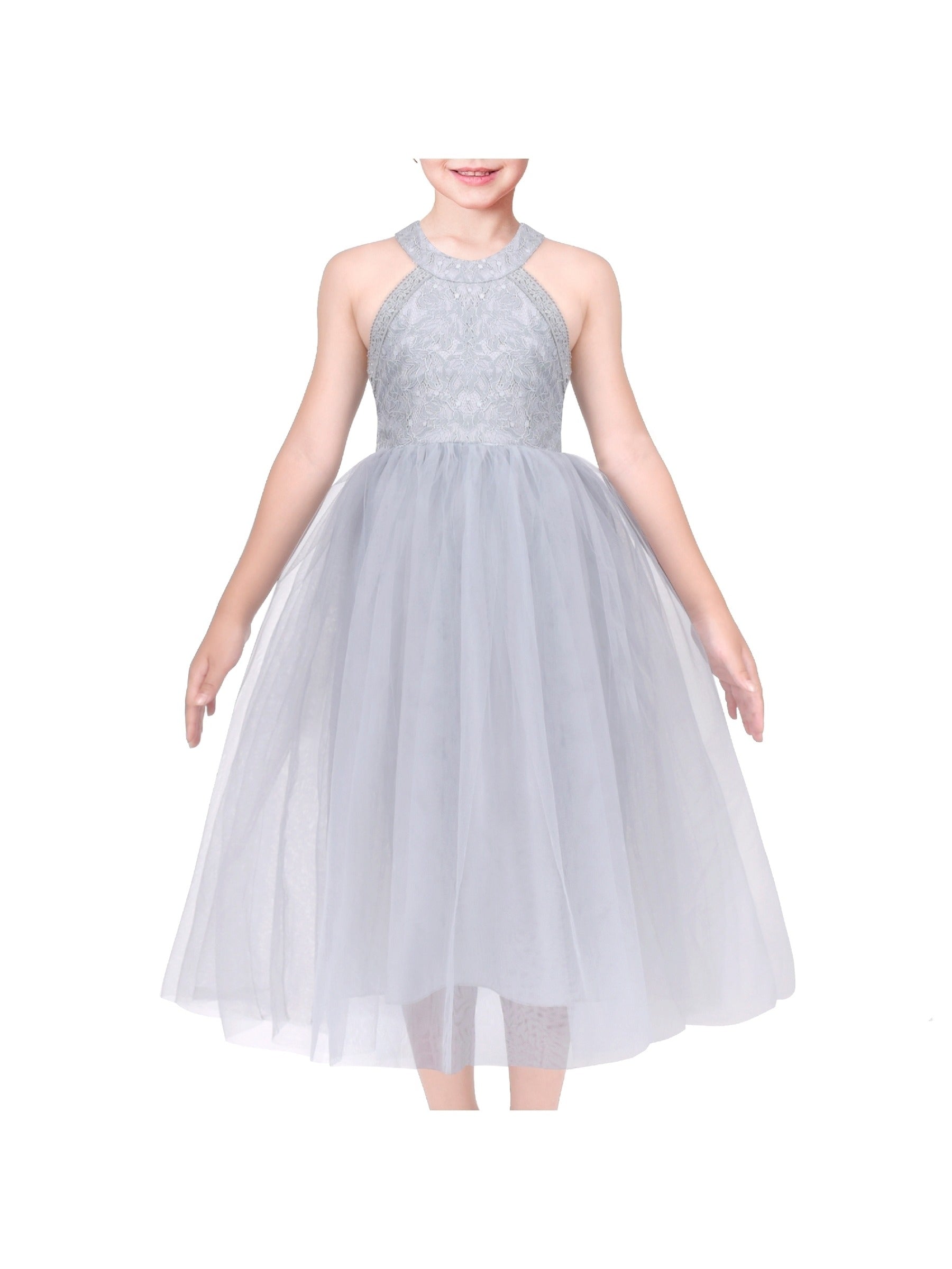 Girls Dress Pink Flower Lace Halter Princess Wedding Bridesmaid Tulle Gray