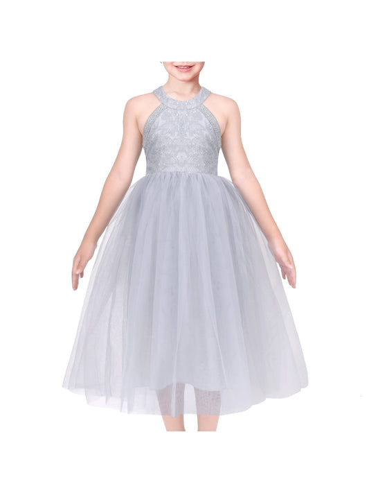 Girls Dress Pink Flower Lace Halter Princess Wedding Bridesmaid Tulle Gray