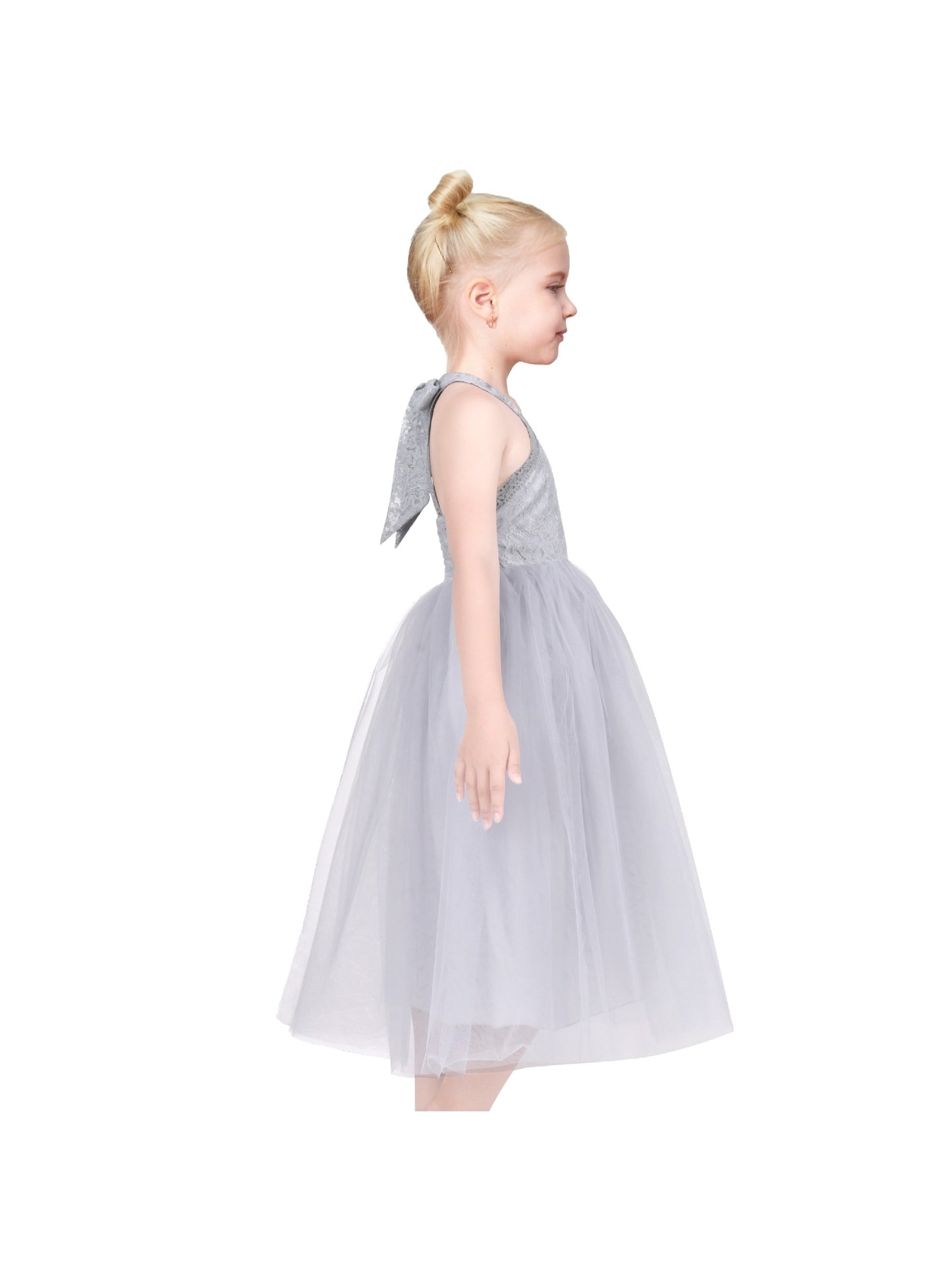 Girls Dress Pink Flower Lace Halter Princess Wedding Bridesmaid Tulle Gray