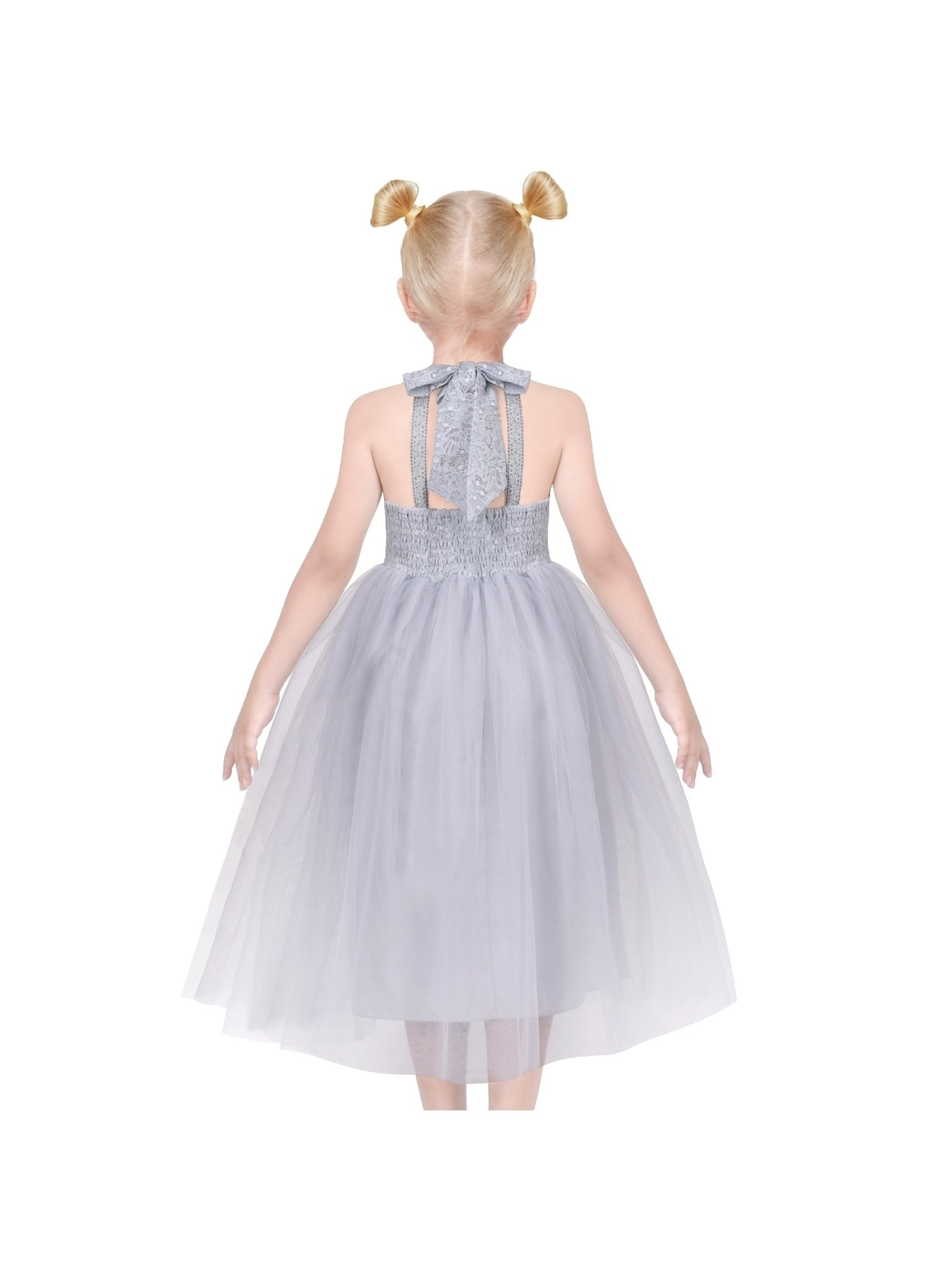 Girls Dress Pink Flower Lace Halter Princess Wedding Bridesmaid Tulle Gray