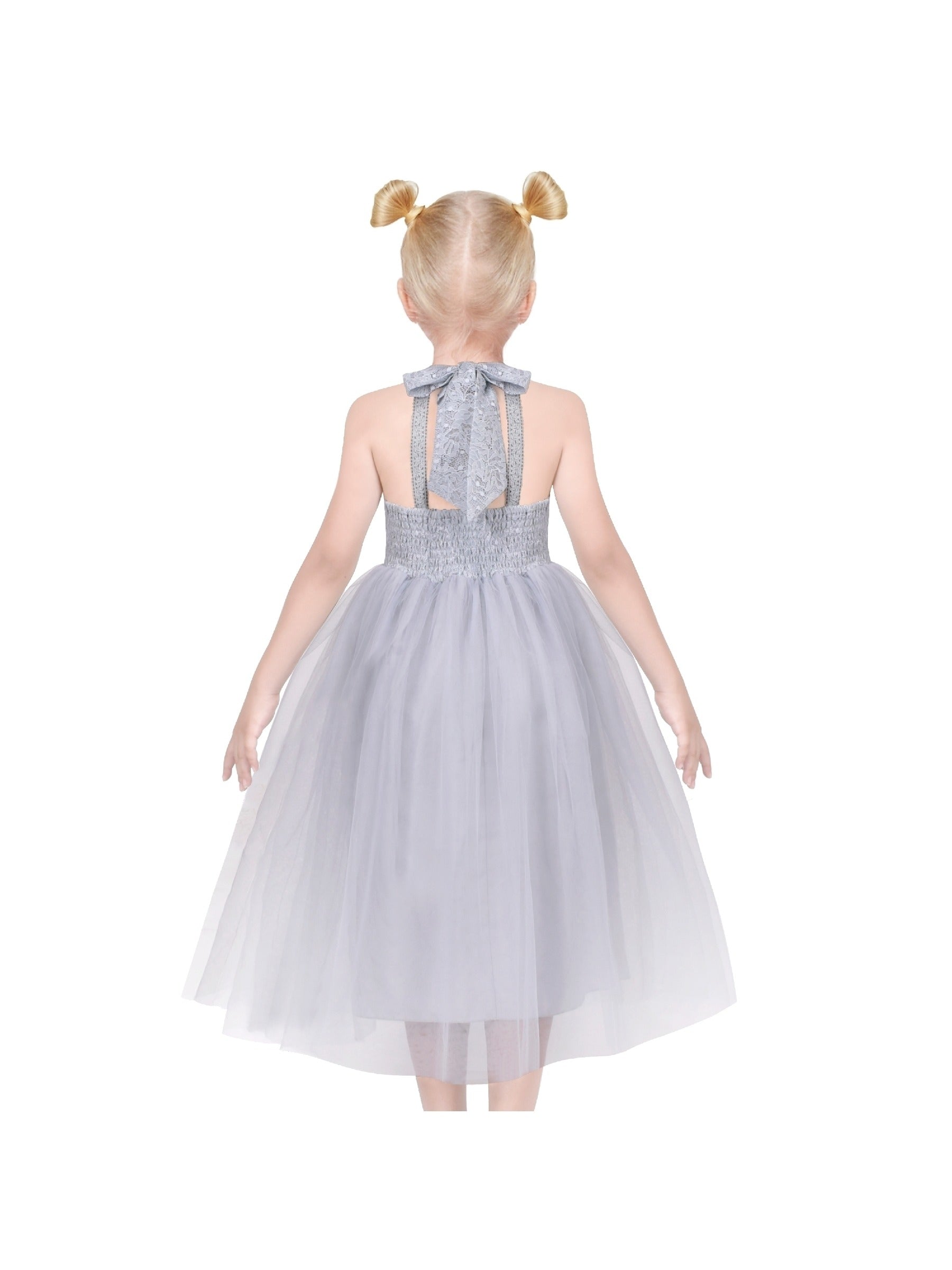 Girls Dress Pink Flower Lace Halter Princess Wedding Bridesmaid Tulle Gray