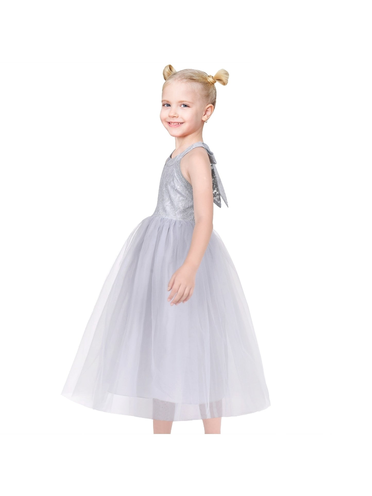 Girls Dress Pink Flower Lace Halter Princess Wedding Bridesmaid Tulle Gray