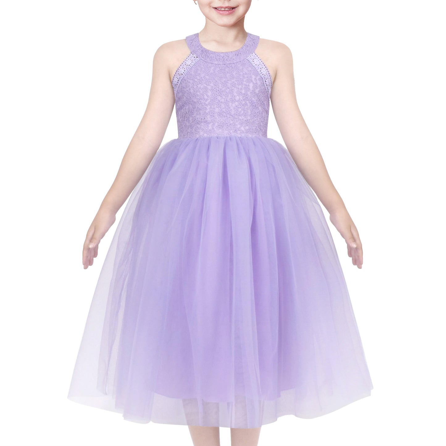Girls Dress Pink Flower Lace Halter Princess Wedding Bridesmaid Tulle Purple