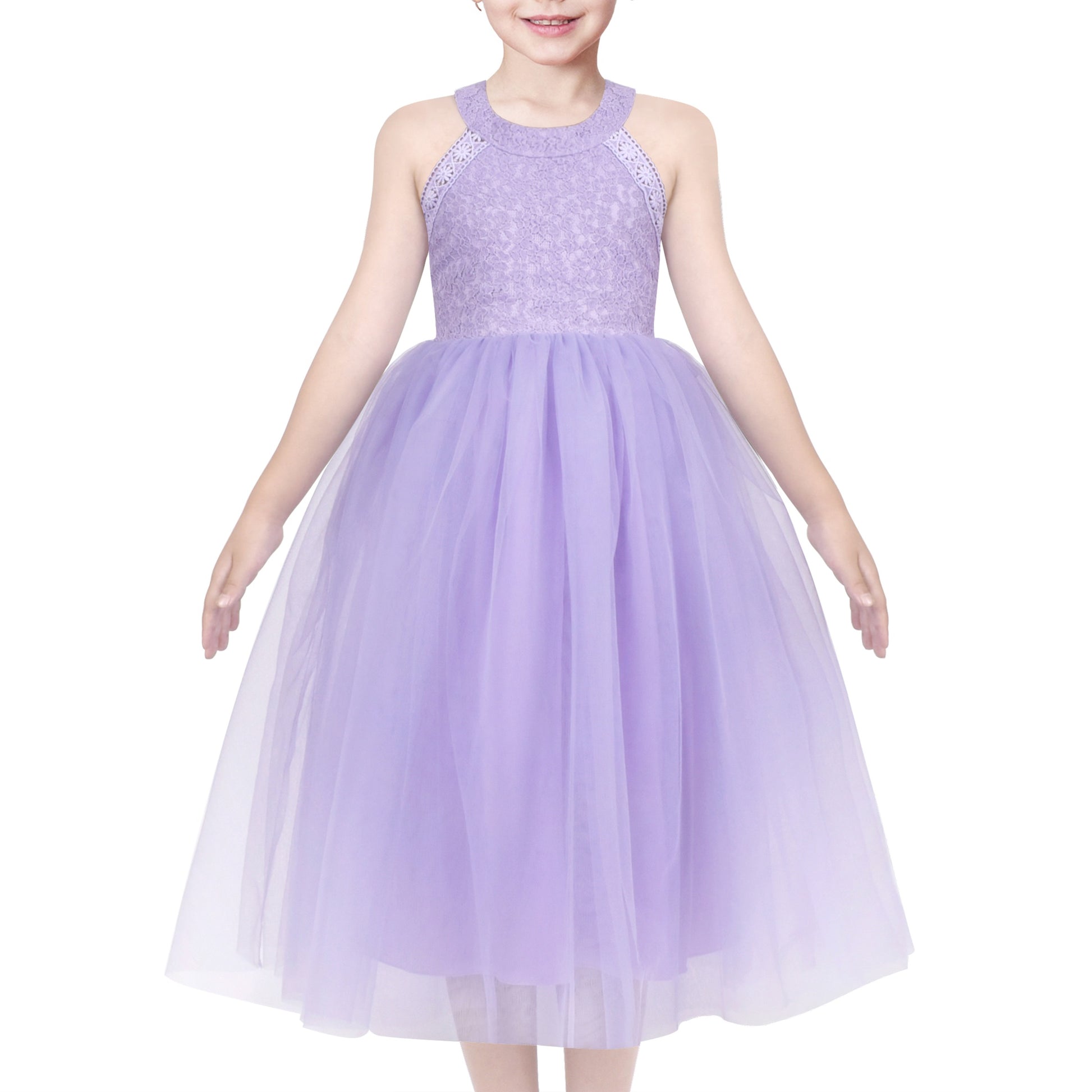 Girls Dress Pink Flower Lace Halter Princess Wedding Bridesmaid Tulle Purple