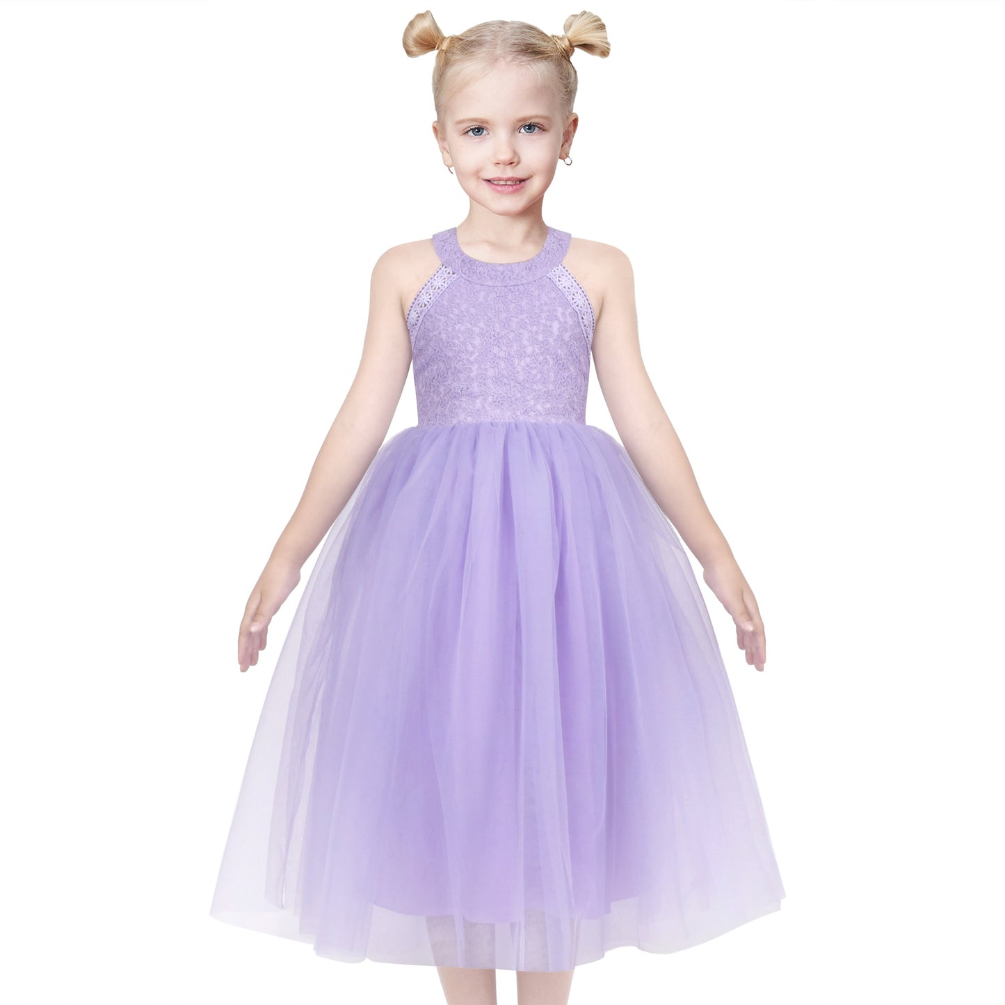 Girls Dress Pink Flower Lace Halter Princess Wedding Bridesmaid Tulle Purple