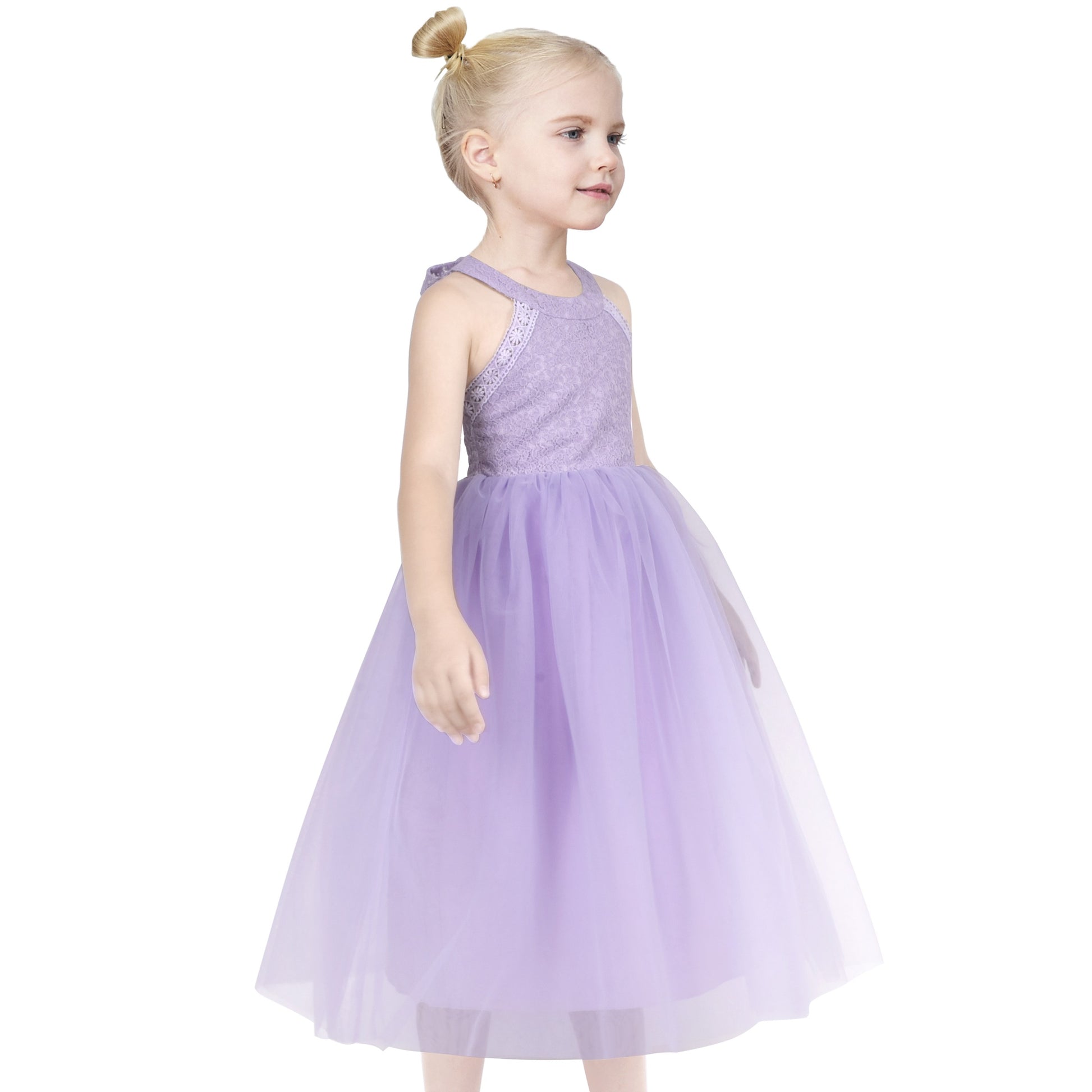Girls Dress Pink Flower Lace Halter Princess Wedding Bridesmaid Tulle Purple
