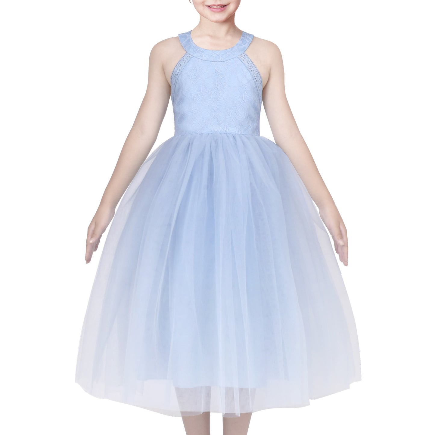 Girls Dress Pink Flower Lace Halter Princess Wedding Bridesmaid Tulle Blue