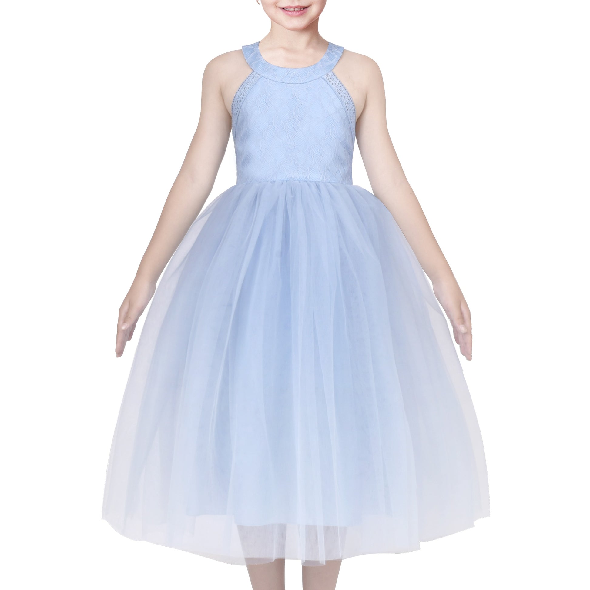 Girls Dress Pink Flower Lace Halter Princess Wedding Bridesmaid Tulle Blue