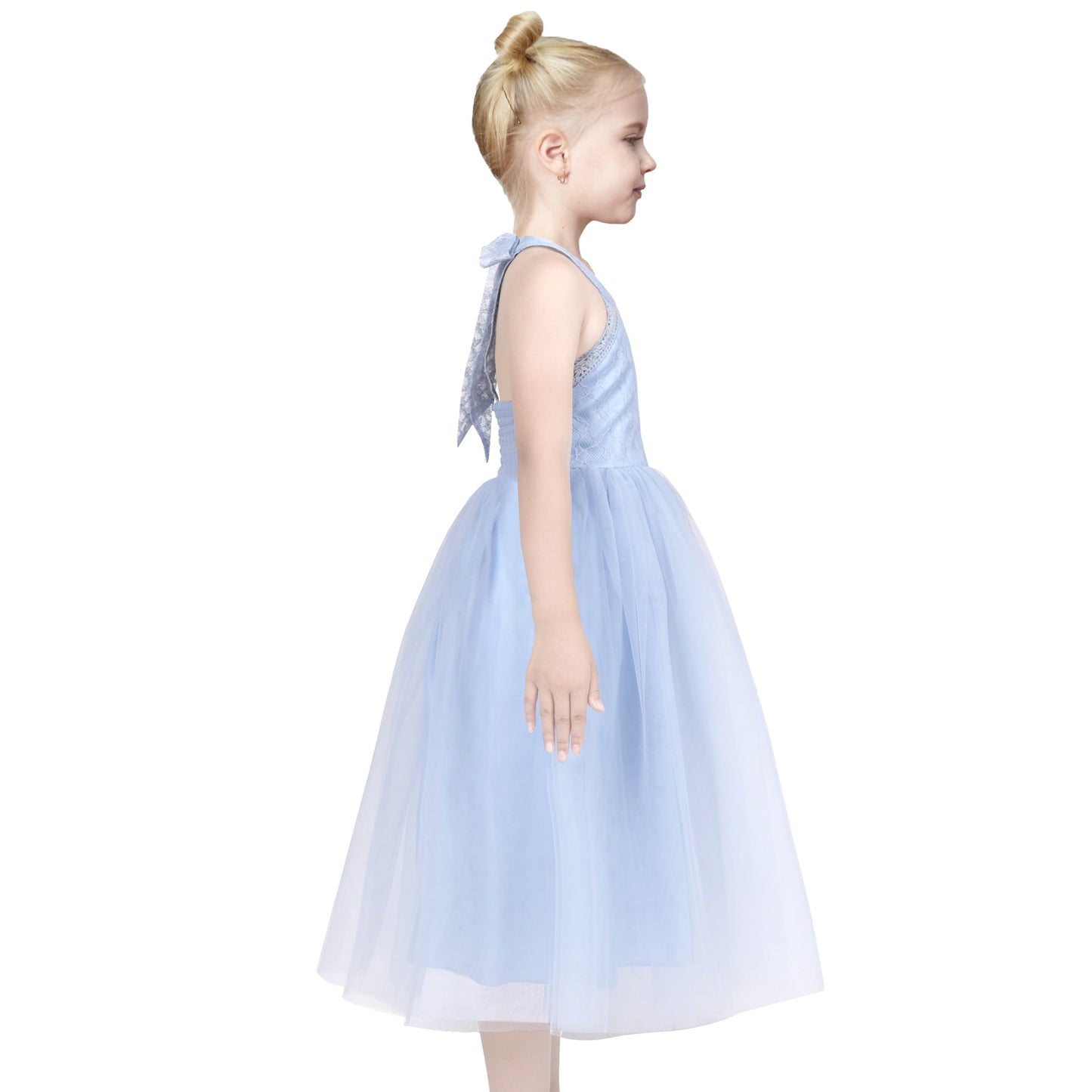 Girls Dress Pink Flower Lace Halter Princess Wedding Bridesmaid Tulle Blue