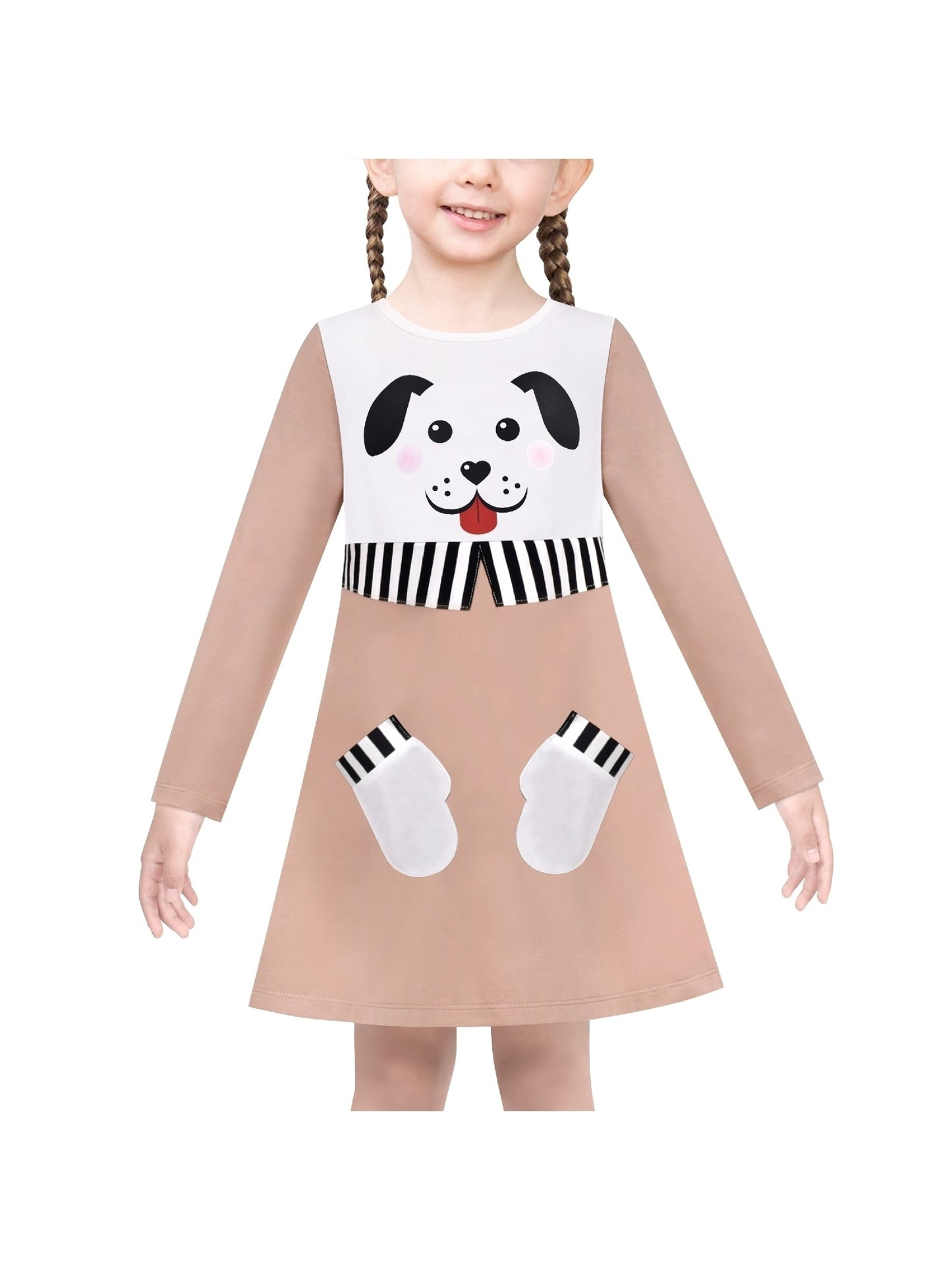 Girls Dress Long Sleeve Cotton Cartoon Sequins Pink Striped Dress Beige