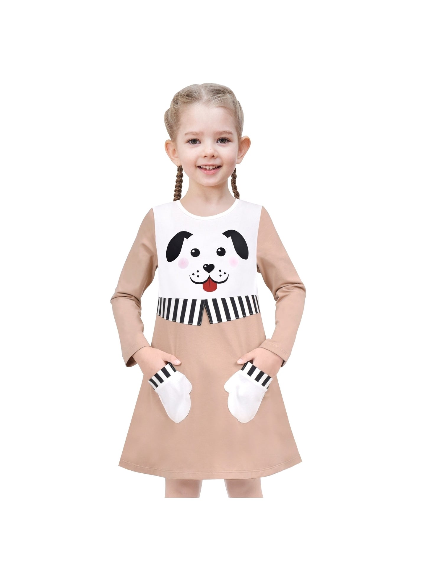 Girls Dress Long Sleeve Cotton Cartoon Sequins Pink Striped Dress Beige