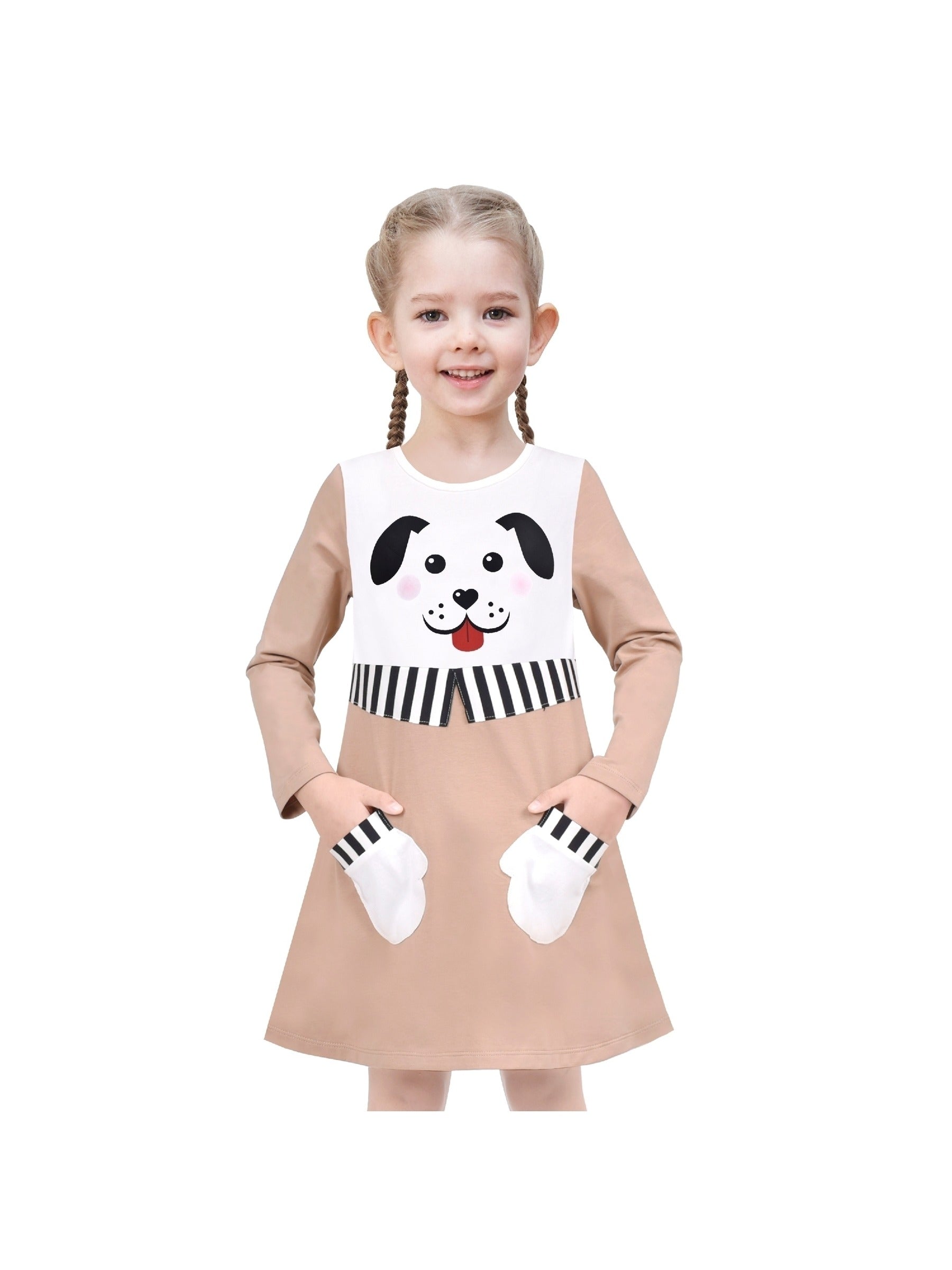 Girls Dress Long Sleeve Cotton Cartoon Sequins Pink Striped Dress Beige
