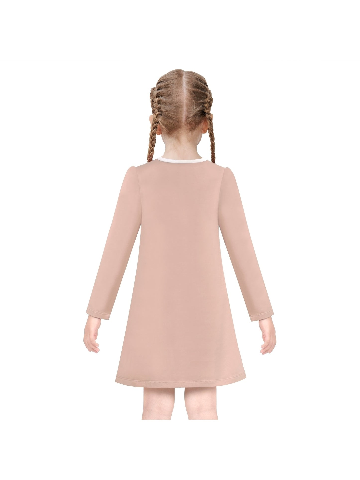 Girls Dress Long Sleeve Cotton Cartoon Sequins Pink Striped Dress Beige