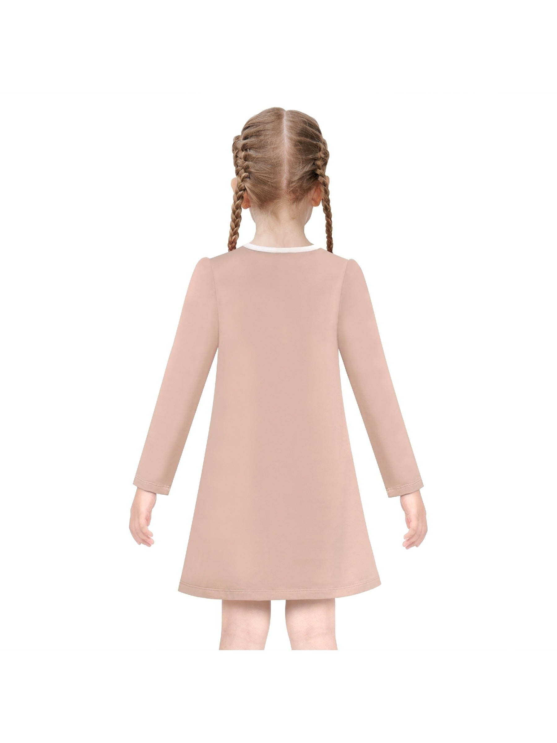 Girls Dress Long Sleeve Cotton Cartoon Sequins Pink Striped Dress Beige